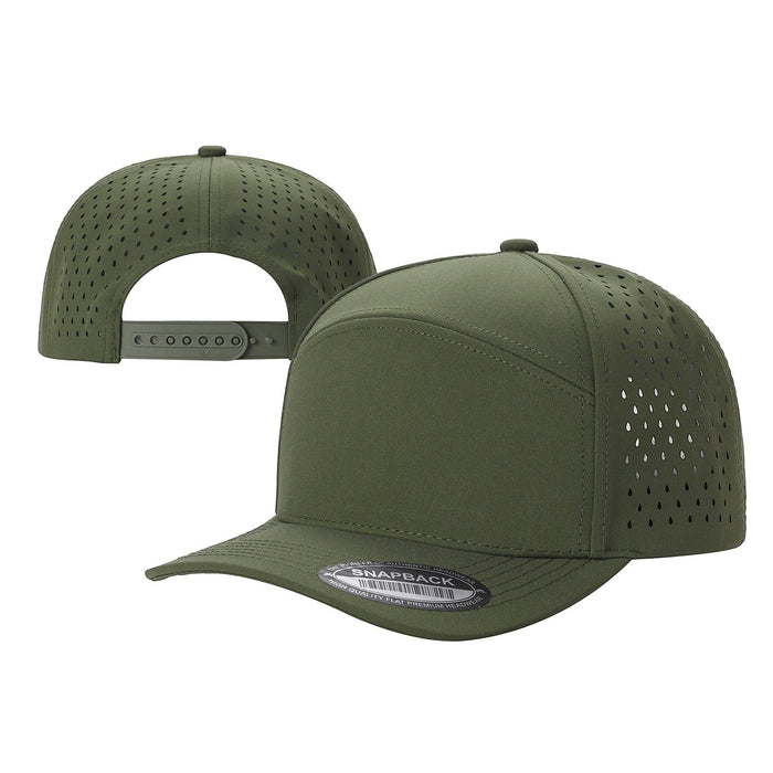 Waycap 6WP olive green six-panel snapback hat with laser-cut perforations for breathability and flat brim.