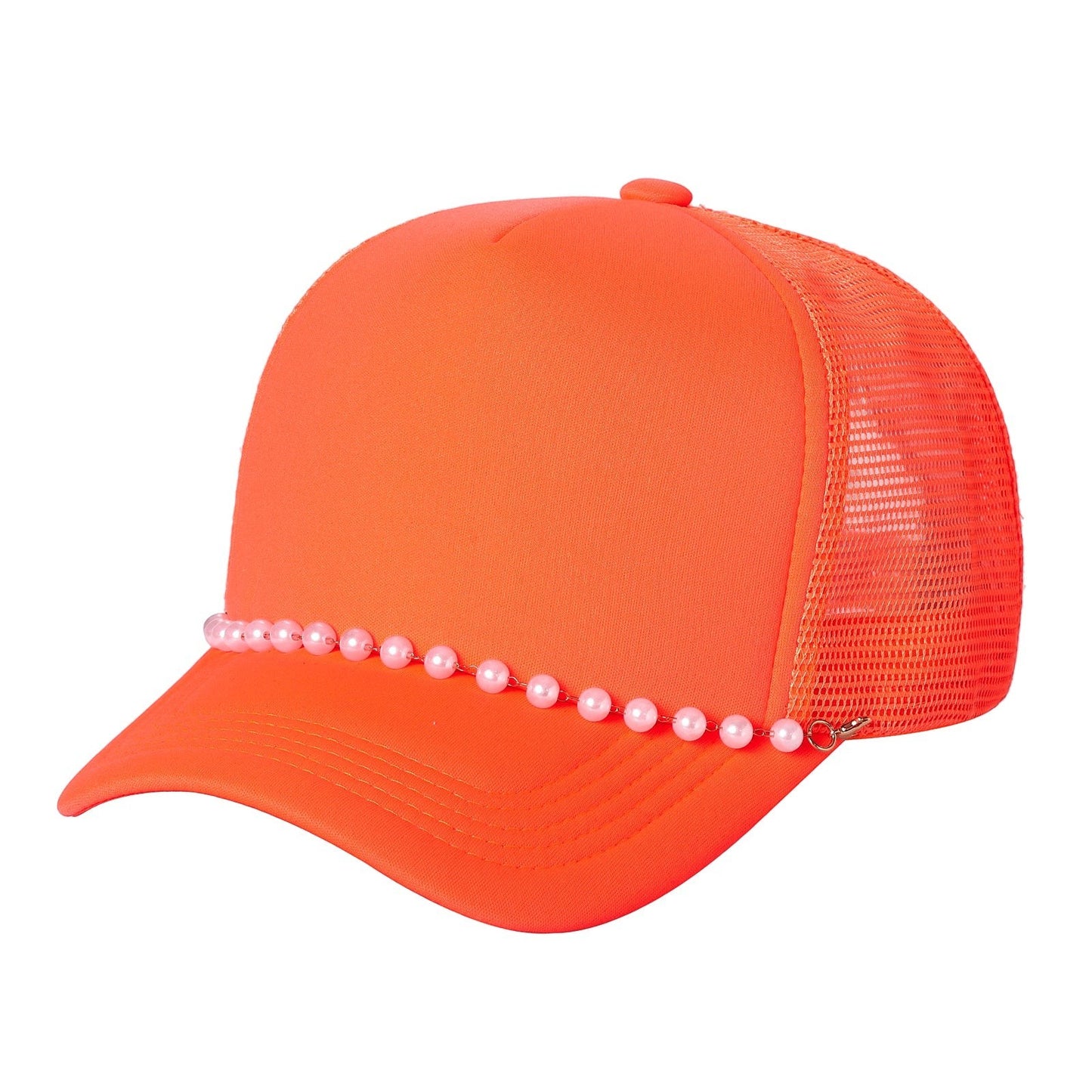 Waycap Pearl trucker hat in bright orange with a mesh back and a decorative pearl strand across the brim.