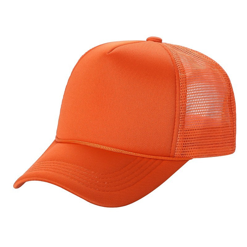 Waycap Sponge trucker hat in bright orange with foam front and mesh back for breathability. Adjustable snapback closure.