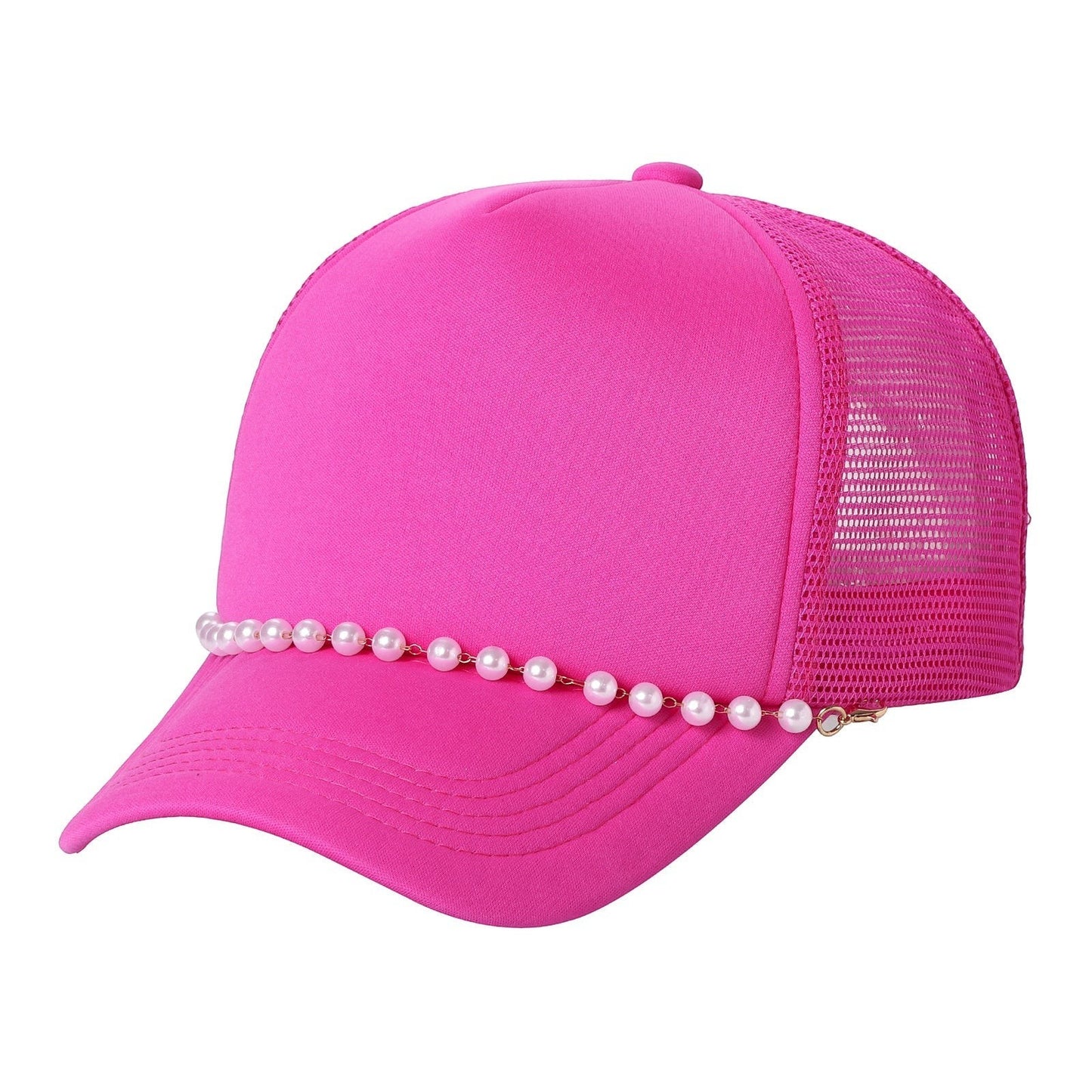 Waycap Pearl pink trucker hat with mesh back and pearl accent on brim. Adjustable strap for comfortable fit.
