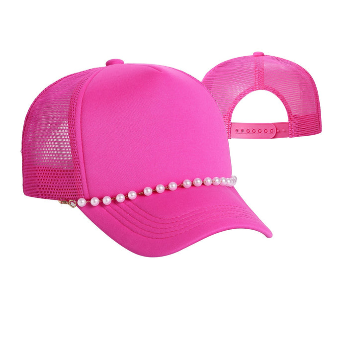 Waycap Pearl pink trucker hat with mesh back and pearl accent on brim. Adjustable strap.