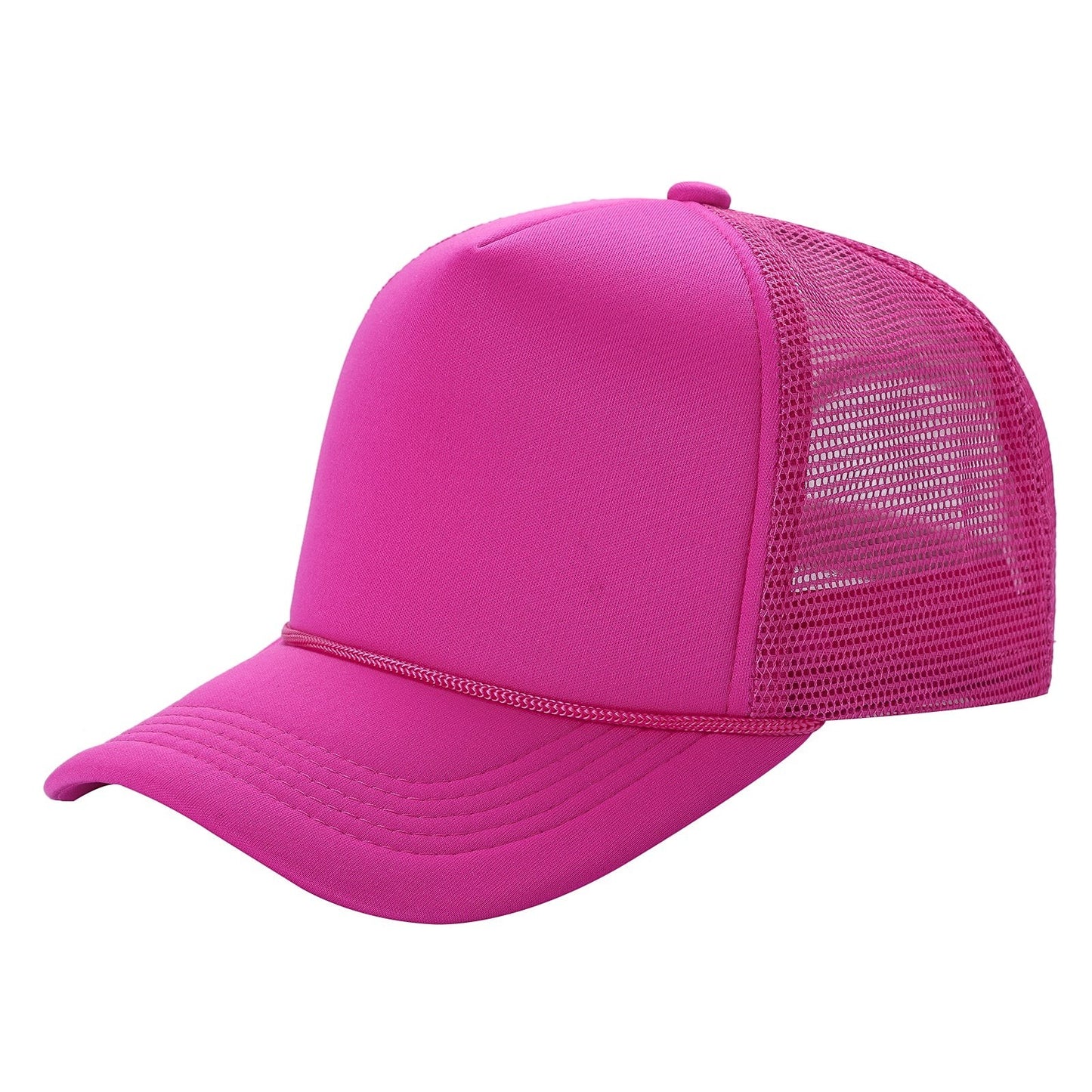 Waycap Sponge trucker hat in bright pink with foam front and mesh back. Features a rope detail across the brim and an adjustable snapback closure.