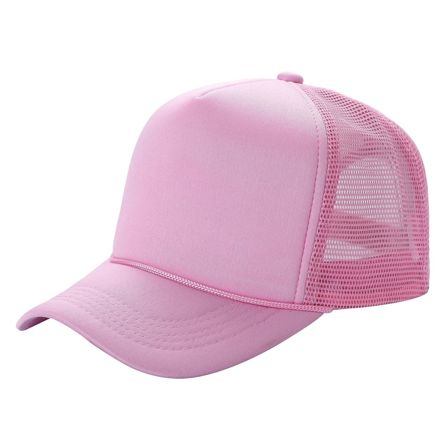 Waycap sponge trucker hat in pink with foam front panel and breathable mesh back. Adjustable snapback closure.