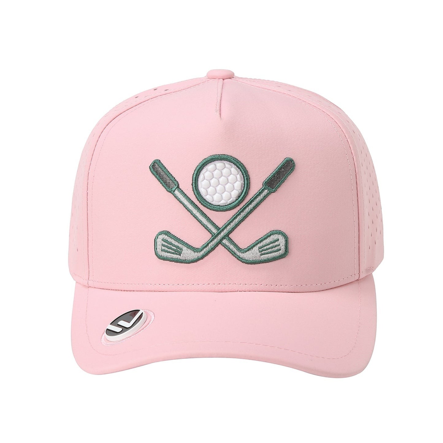 Waycap 5GOLF pink 5-panel waterproof polyester golf cap with embroidered crossed clubs and ball icon, perforated sides, and snapback closure.