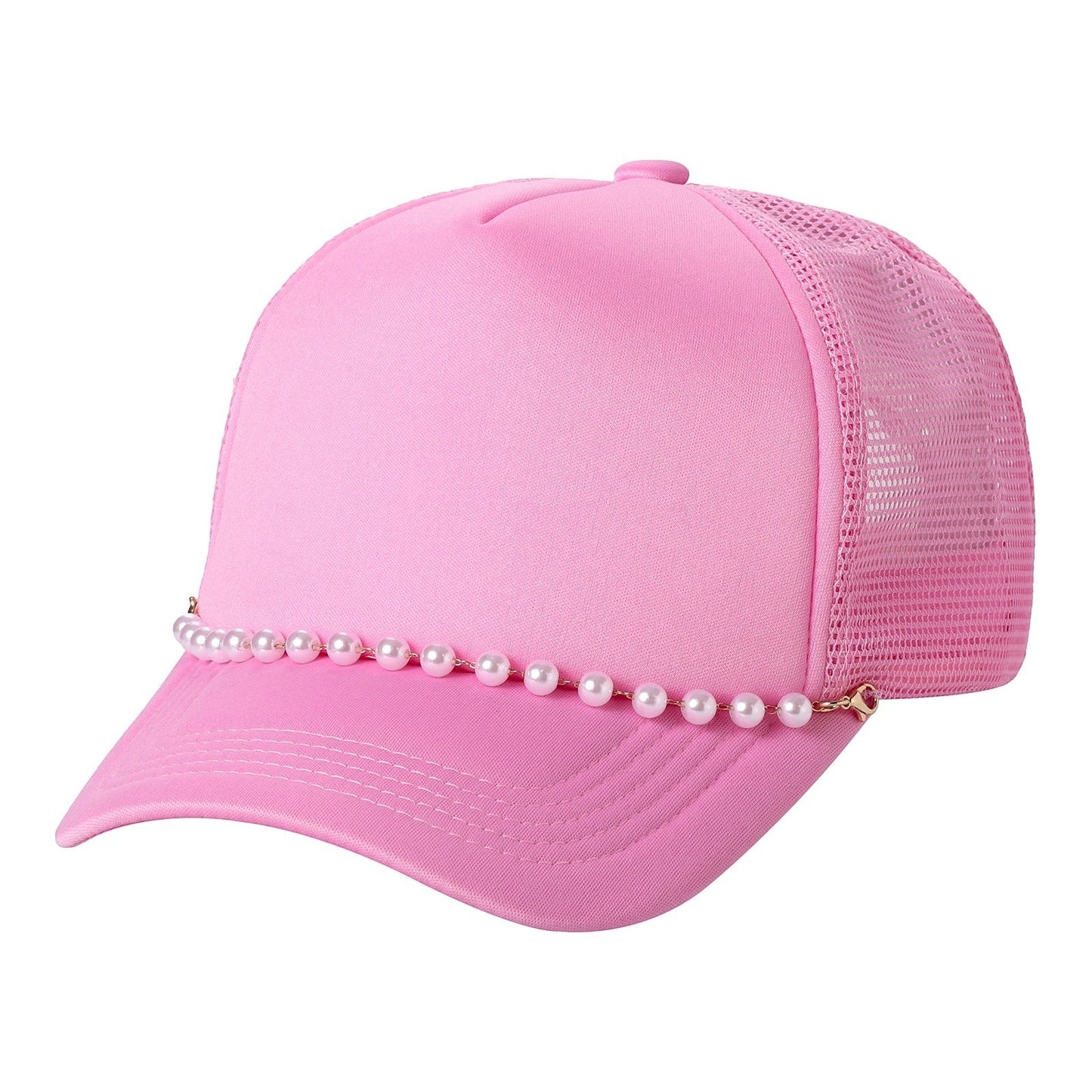 Waycap Pearl pink trucker hat with mesh back and pearl accent on brim. Adjustable strap for a comfortable fit.