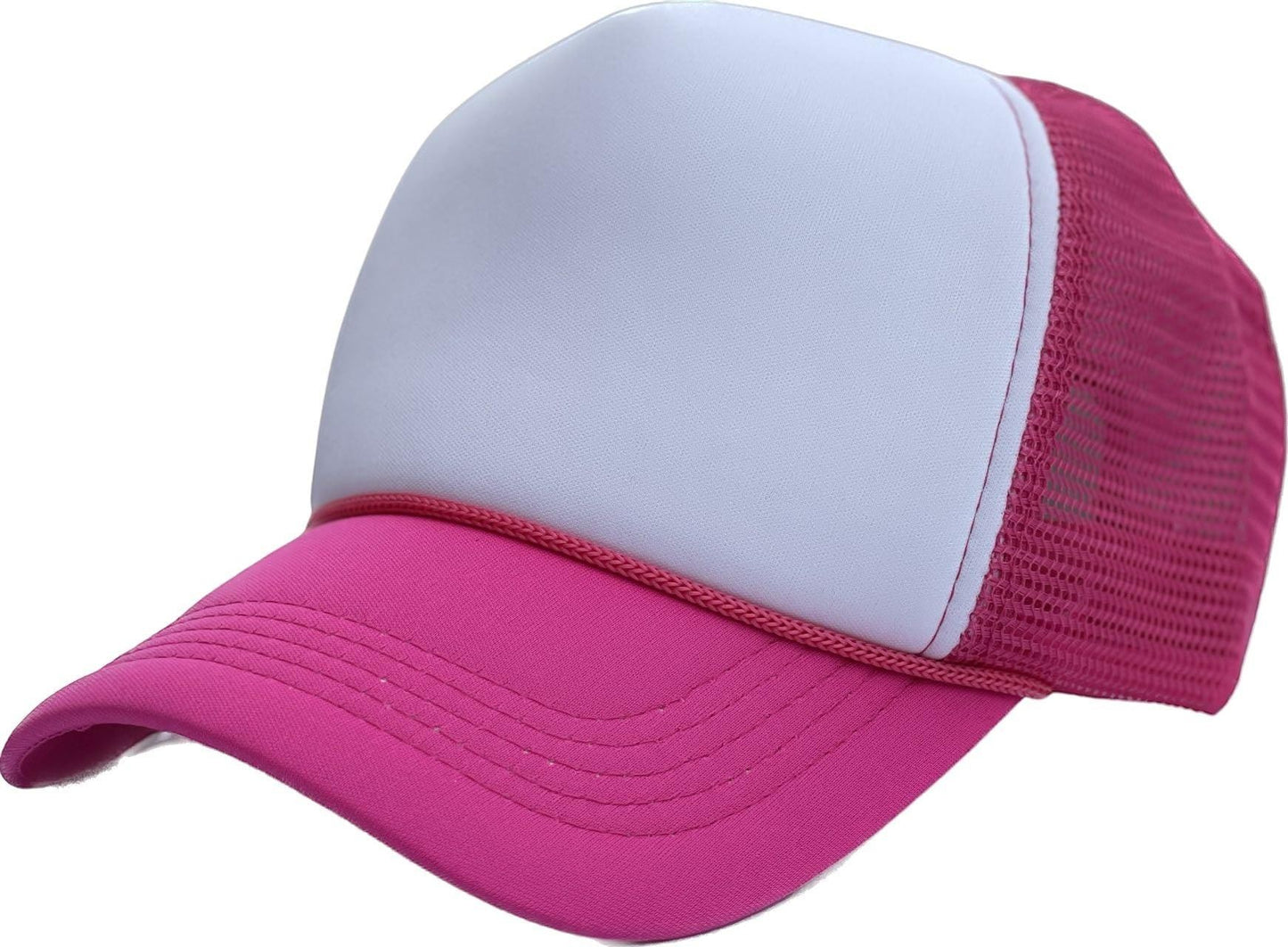 Waycap foam front trucker hat with white panel and pink brim and mesh back