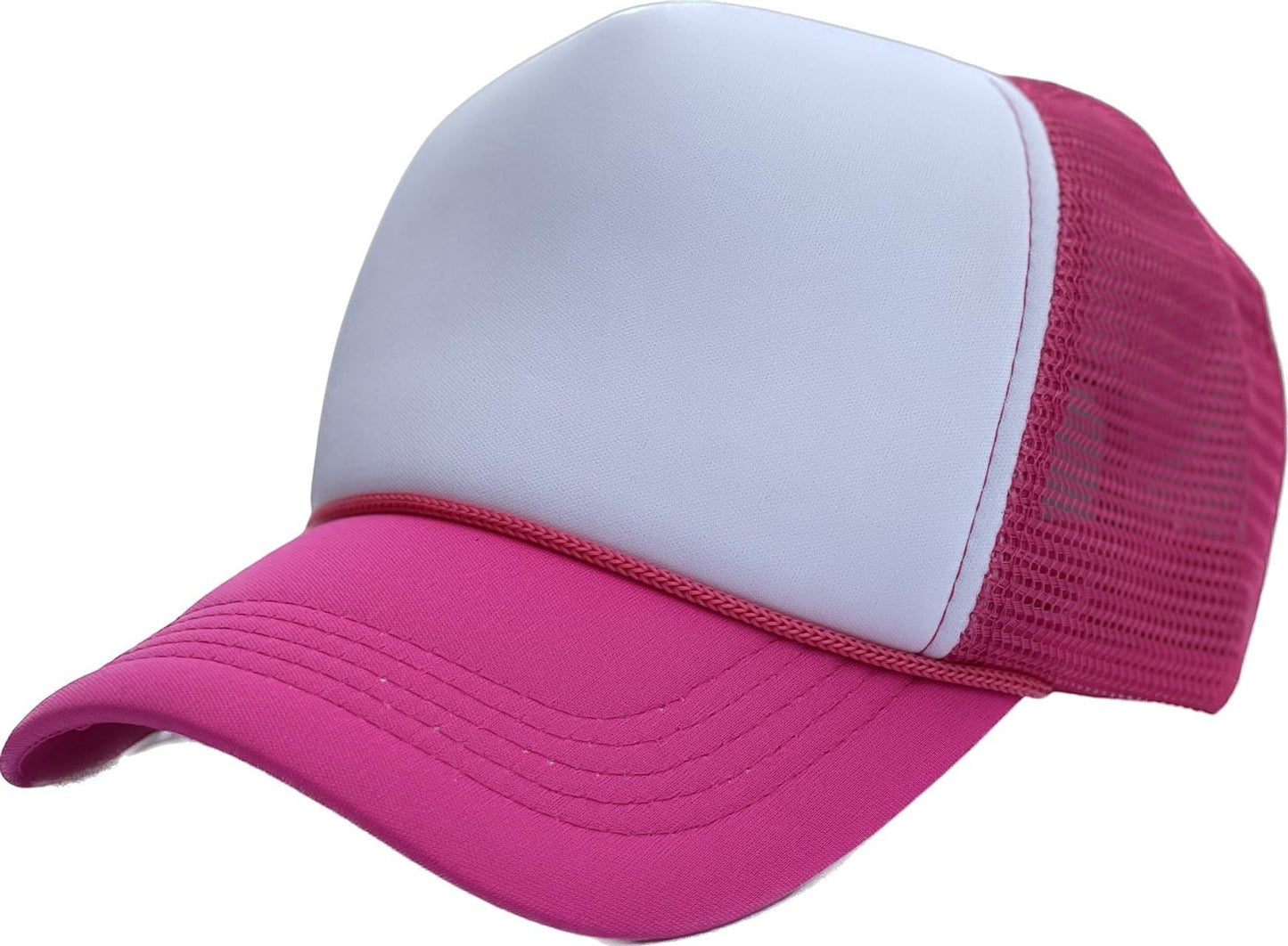 Waycap Sponge trucker hat with white foam front and pink mesh back. Features a pink brim and rope detail.