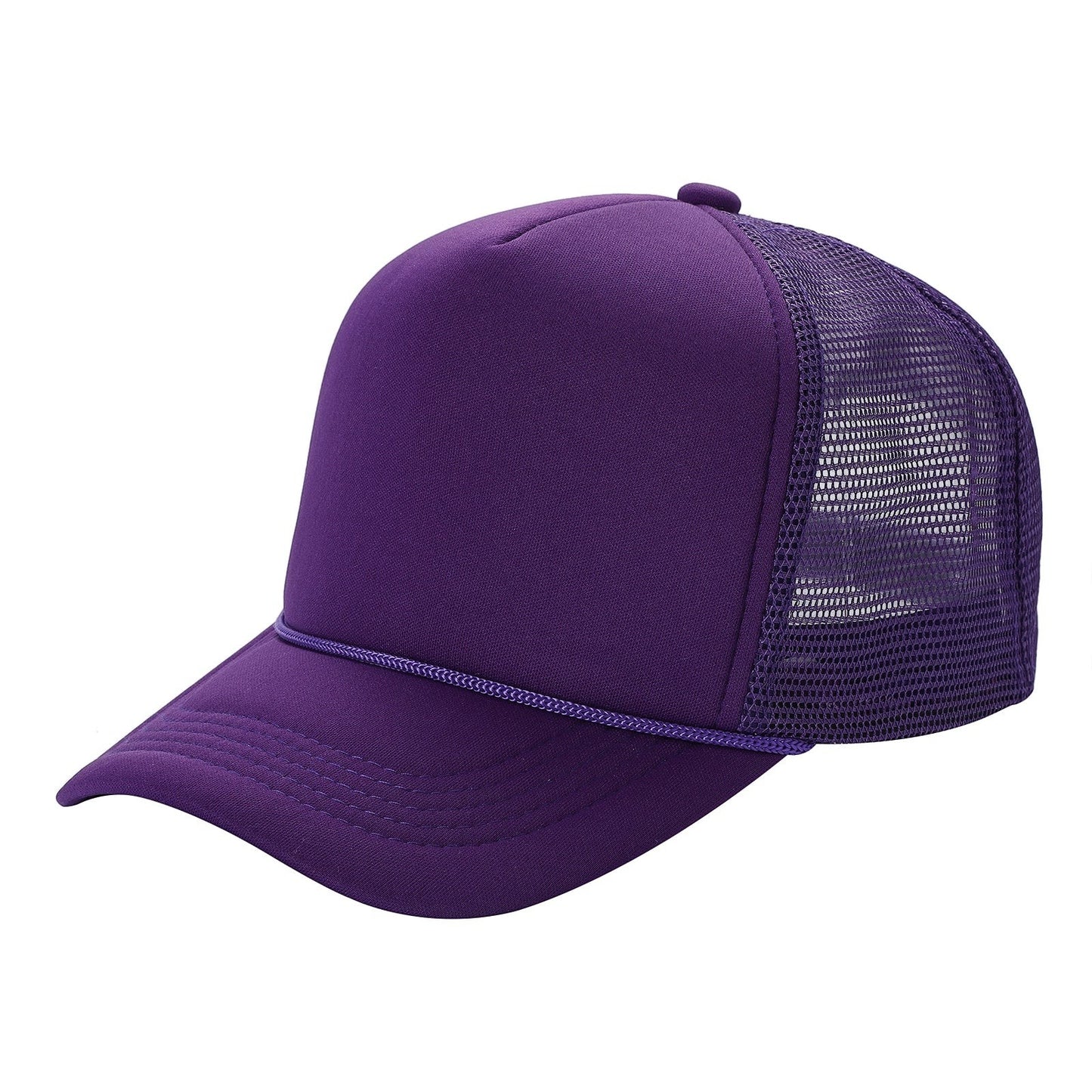 Waycap sponge trucker hat in purple with foam front and mesh back, featuring a decorative rope detail on the brim.