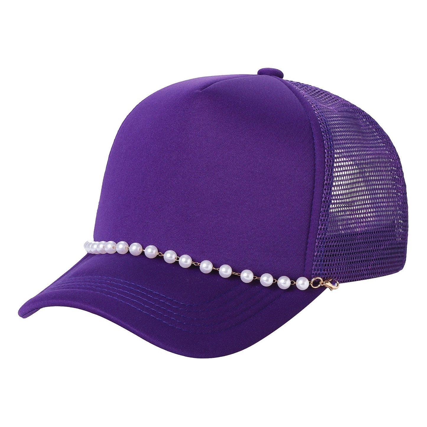 Waycap Pearl purple trucker hat with mesh back and pearl accent on brim. Adjustable strap for a comfortable fit.