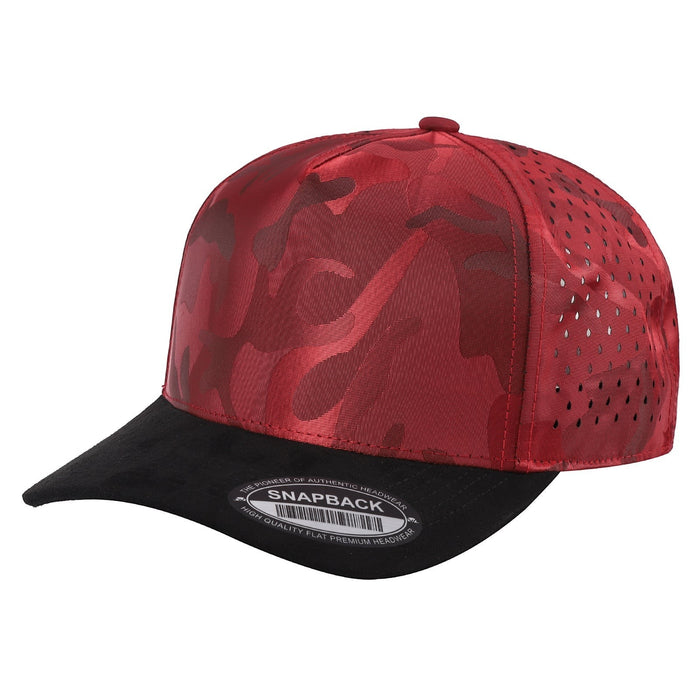 Waycap CAMO Suede Laser snapback cap in red with black suede brim and perforated side panels.