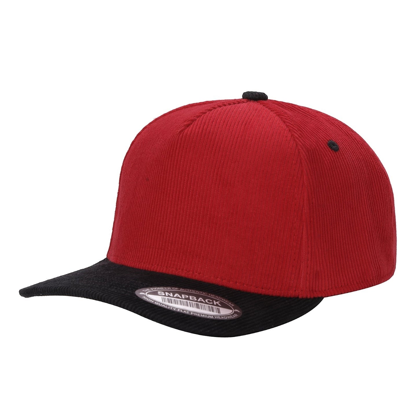 Waycap 5FC red corduroy baseball cap with black brim and snapback closure.