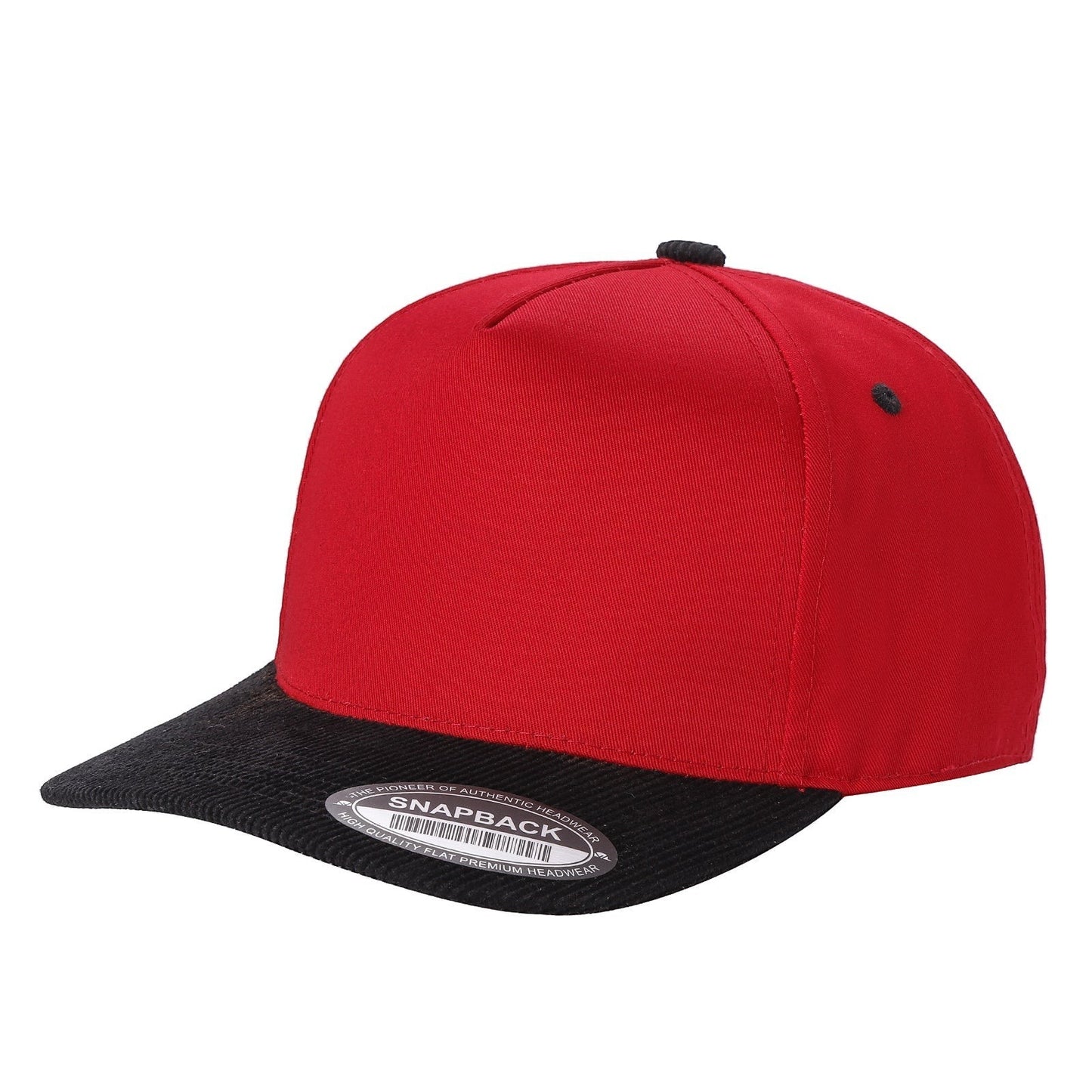 Waycap TCFC Corduroy Bill cap in red with a black corduroy flat brim and snapback closure.