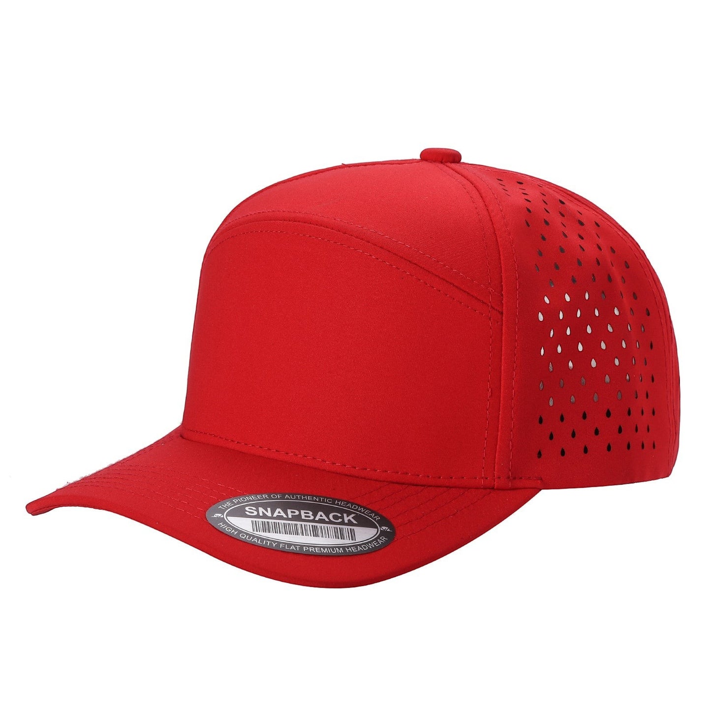 Waycap 6WP red six-panel snapback hat with laser-cut vents on sides and back, flat brim.
