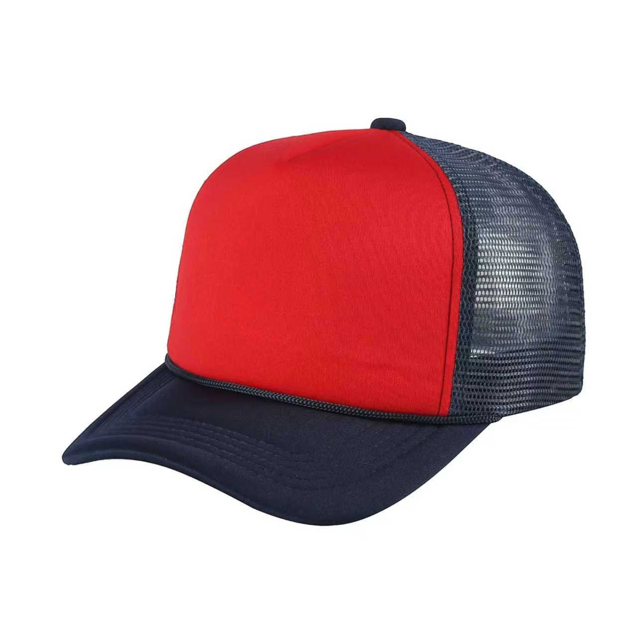 Waycap Sponge trucker hat with red foam front panel and navy mesh back. Features a navy brim and adjustable snapback.