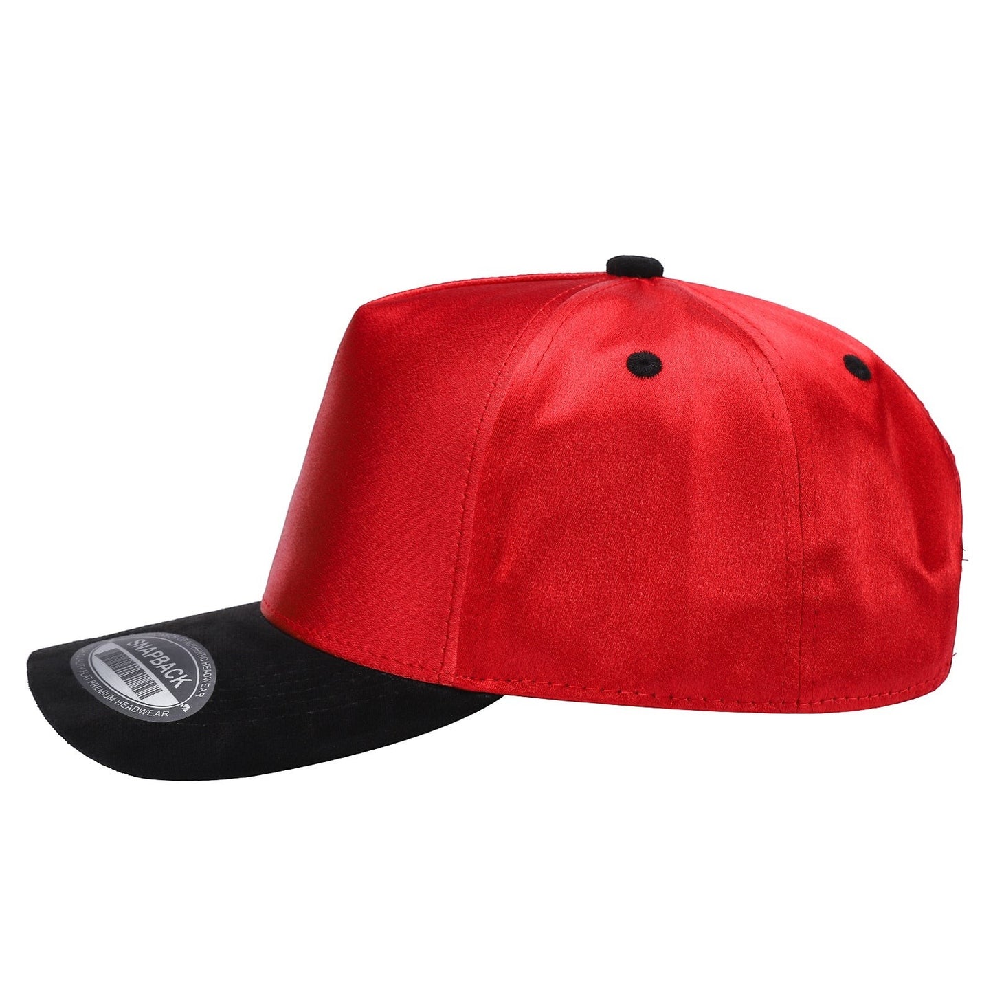 Waycap SAN - Red satin snapback cap with black suede bill and black button detail.