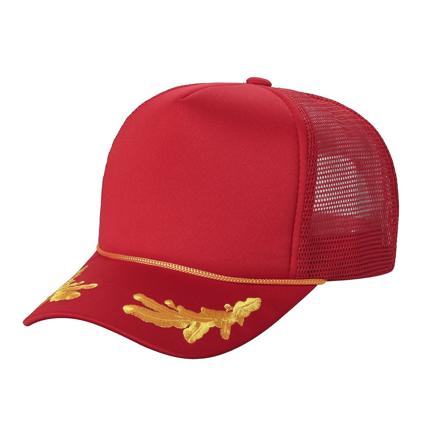 Waycap Sponge Captain red trucker hat with gold embroidery on brim and mesh back