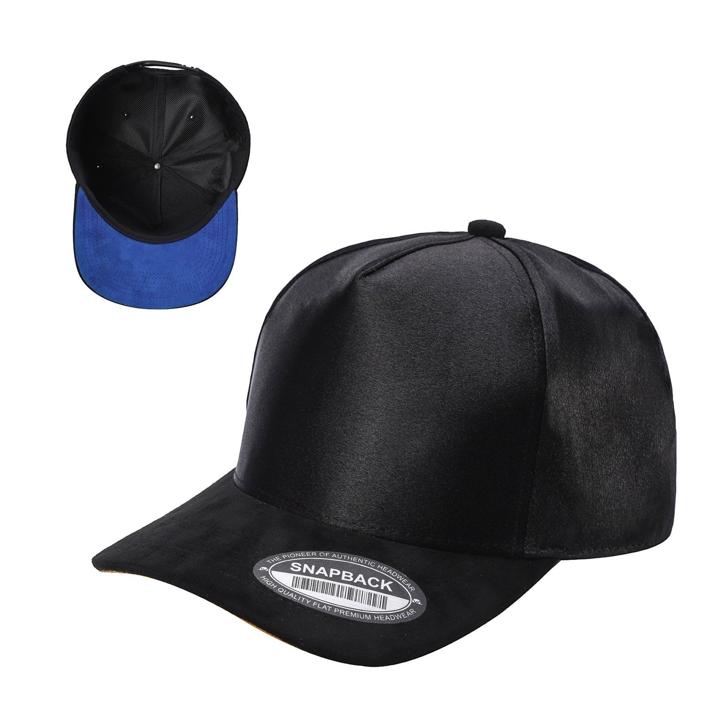 Waycap SNTCSTS black satin snapback cap with suede bill and blue underside.