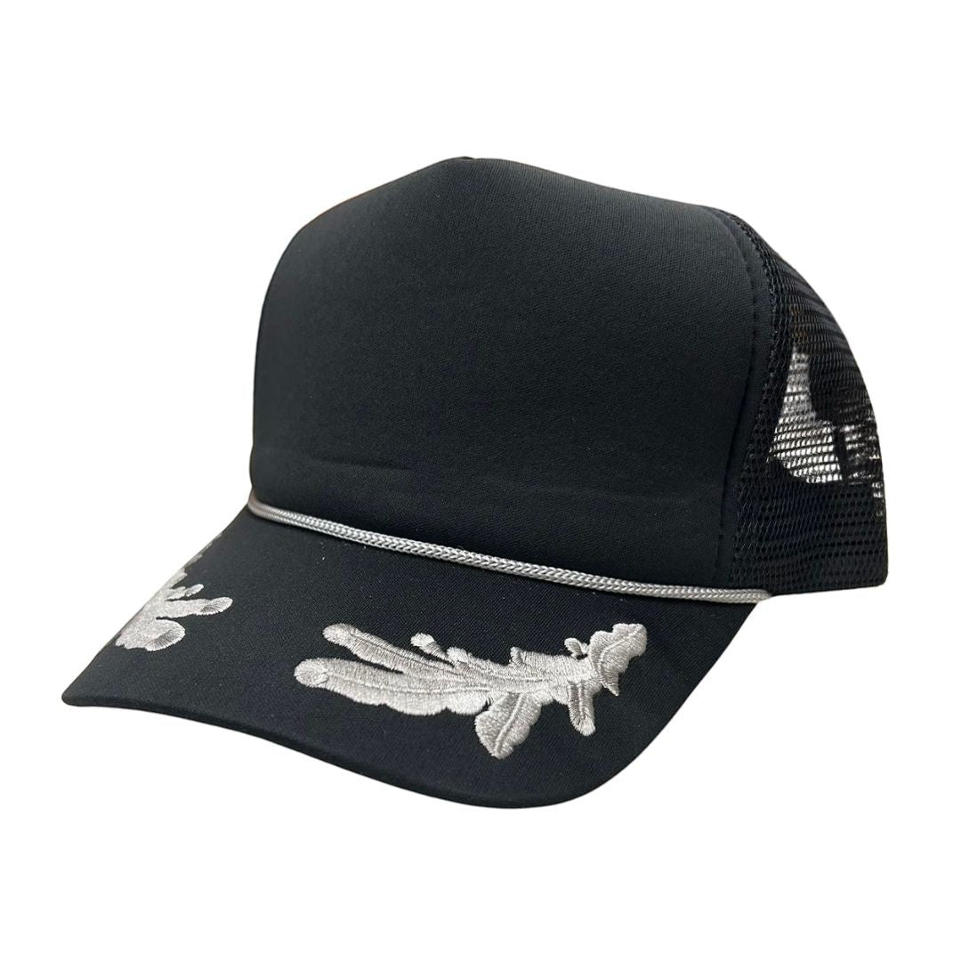 Waycap Sponge Captain black trucker hat with mesh back and silver embroidery on the brim.