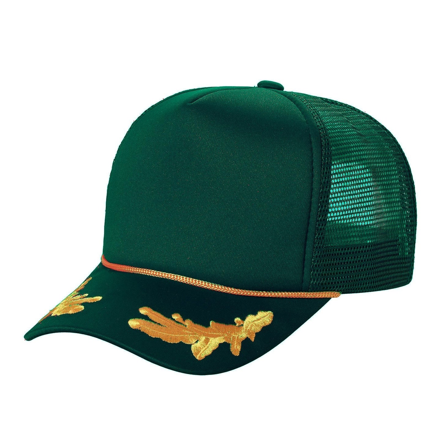 Waycap Sponge Captain trucker hat in dark green with gold embroidery on the brim and a mesh back.