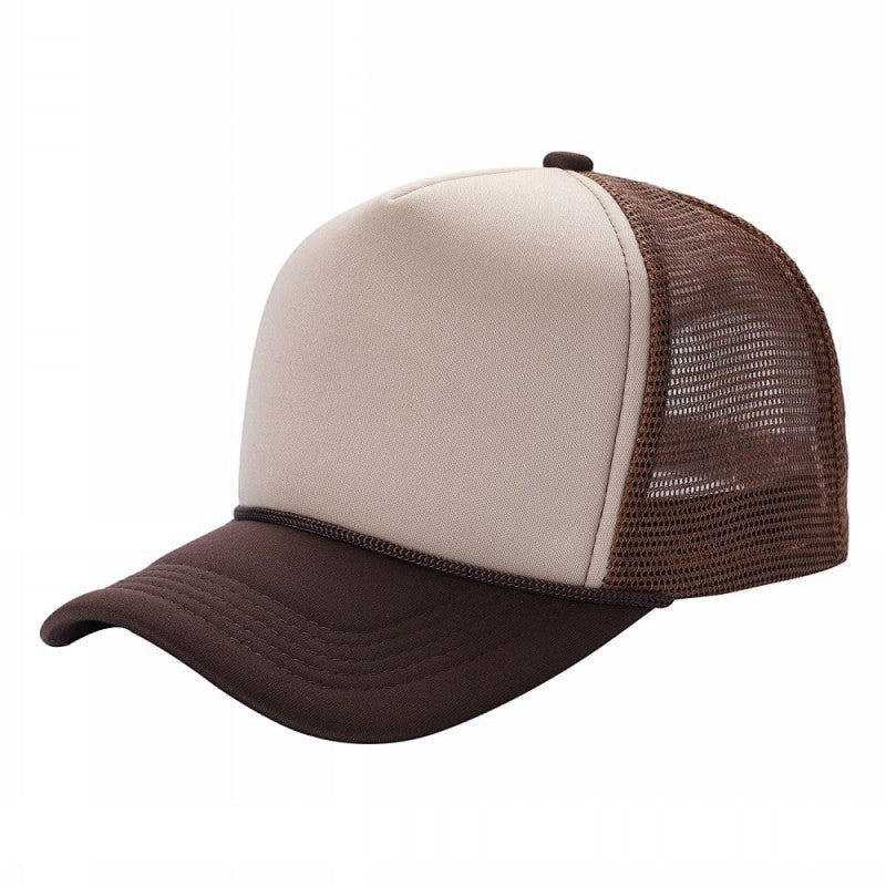 Waycap Sponge trucker hat with beige foam front and brown mesh back, adjustable snapback.