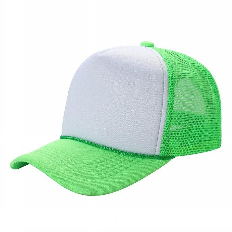 Waycap Sponge trucker hat with white foam front panel and bright green mesh back and brim. Adjustable snapback closure.