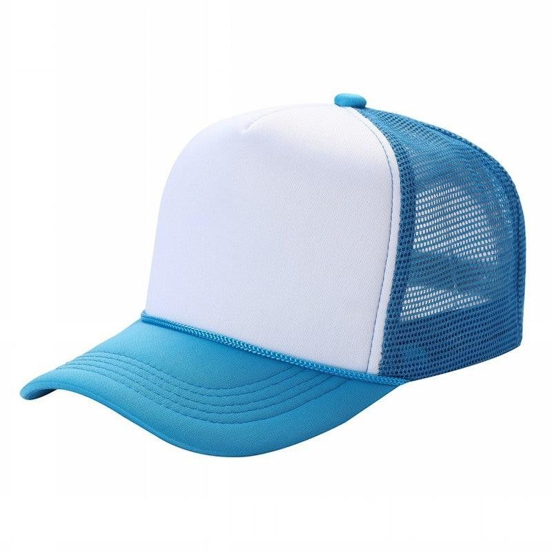Waycap Sponge trucker hat with white foam front panel and blue mesh back, blue brim and snapback closure.