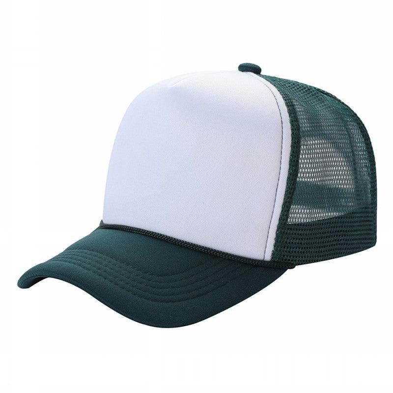 Waycap Sponge trucker hat with white foam front panel and dark green mesh back. Adjustable snapback closure.