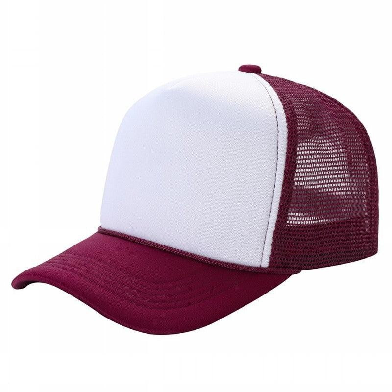 Waycap Sponge trucker hat with white foam front and maroon mesh back and brim. Adjustable snapback closure.