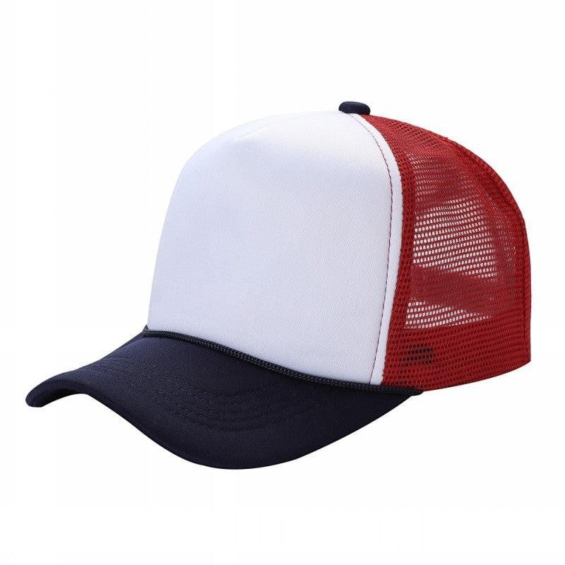 Waycap Sponge trucker hat with white foam front, navy brim, and red mesh back. Adjustable snapback closure.