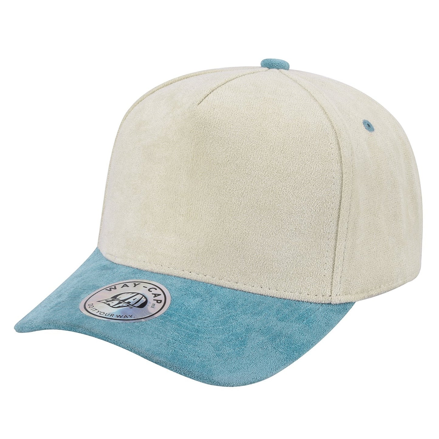 Waycap 5SUEDE snapback hat in cream and light blue suede with adjustable strap. Classic baseball cap style.
