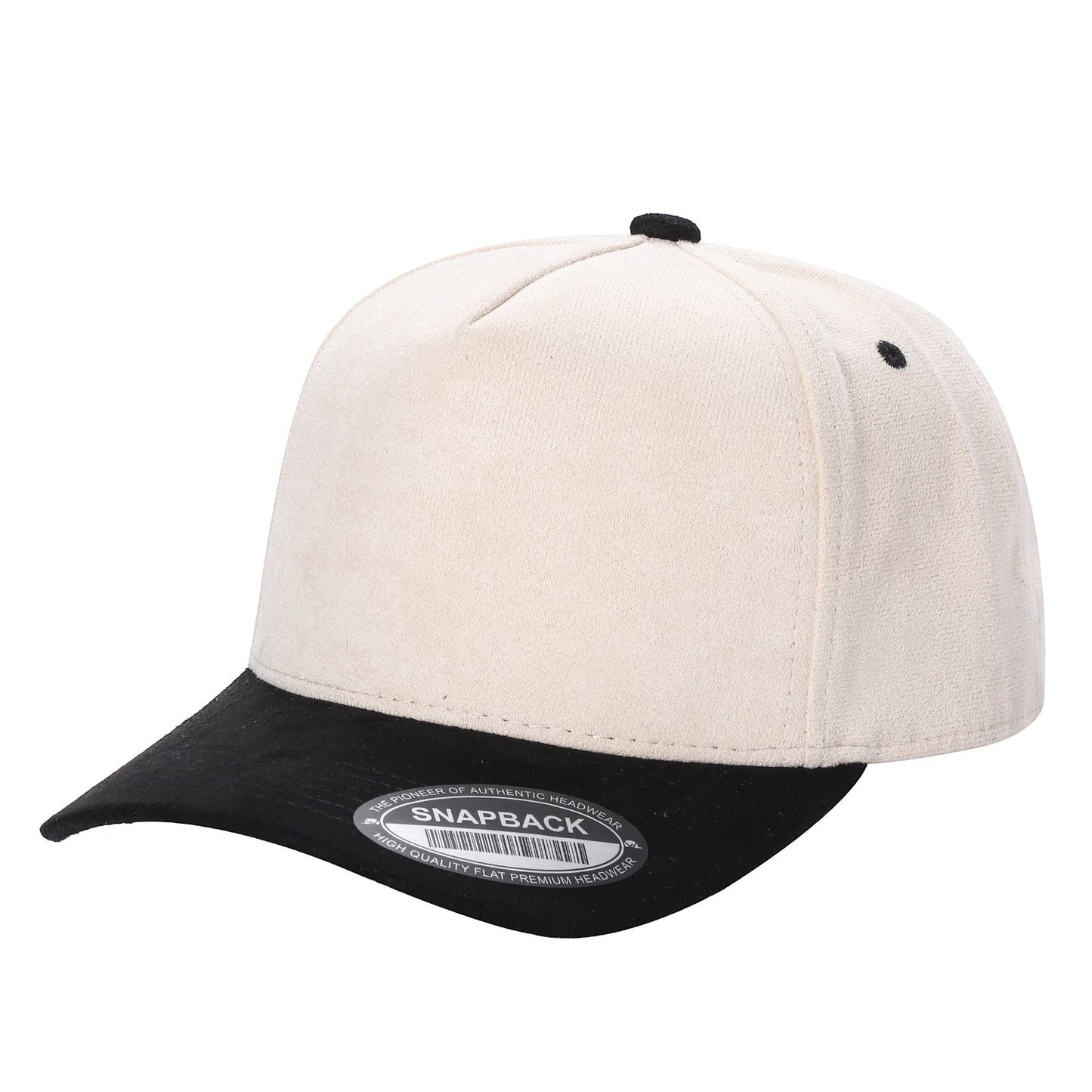 Waycap 5SUEDE snapback hat in cream with black brim and button. Made of soft suede.
