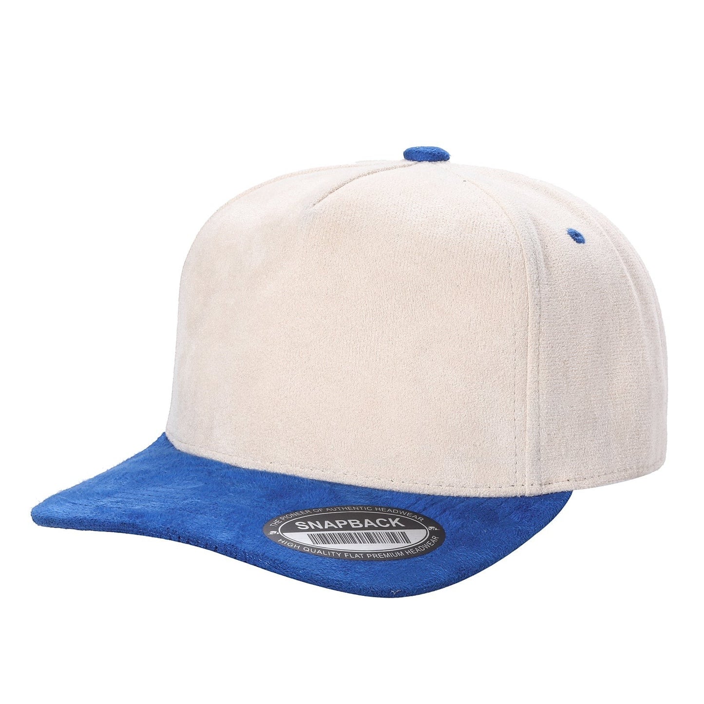 Waycap suede snapback hat in cream and royal blue with flat brim and adjustable strap. Premium headwear.