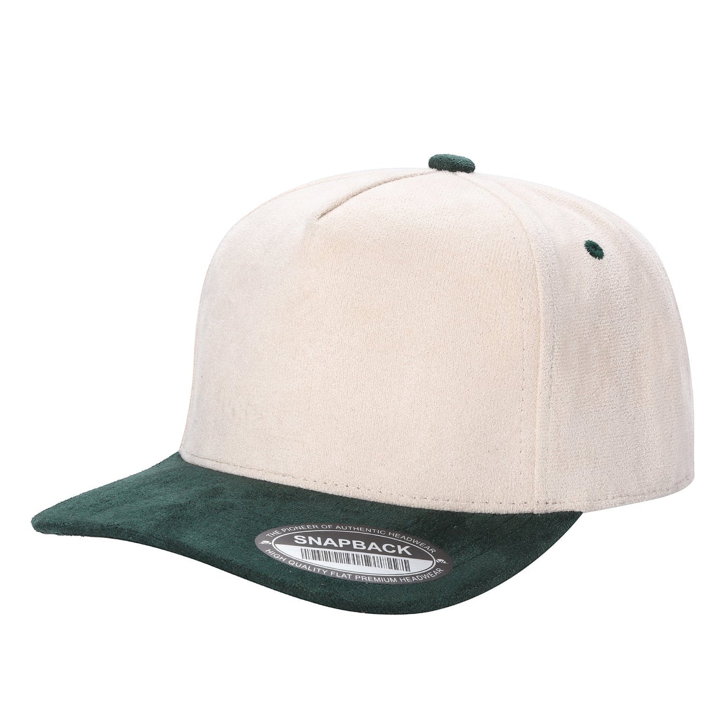 Waycap 5SUEDE snapback hat in cream with dark green suede brim and button accent. Adjustable fit.