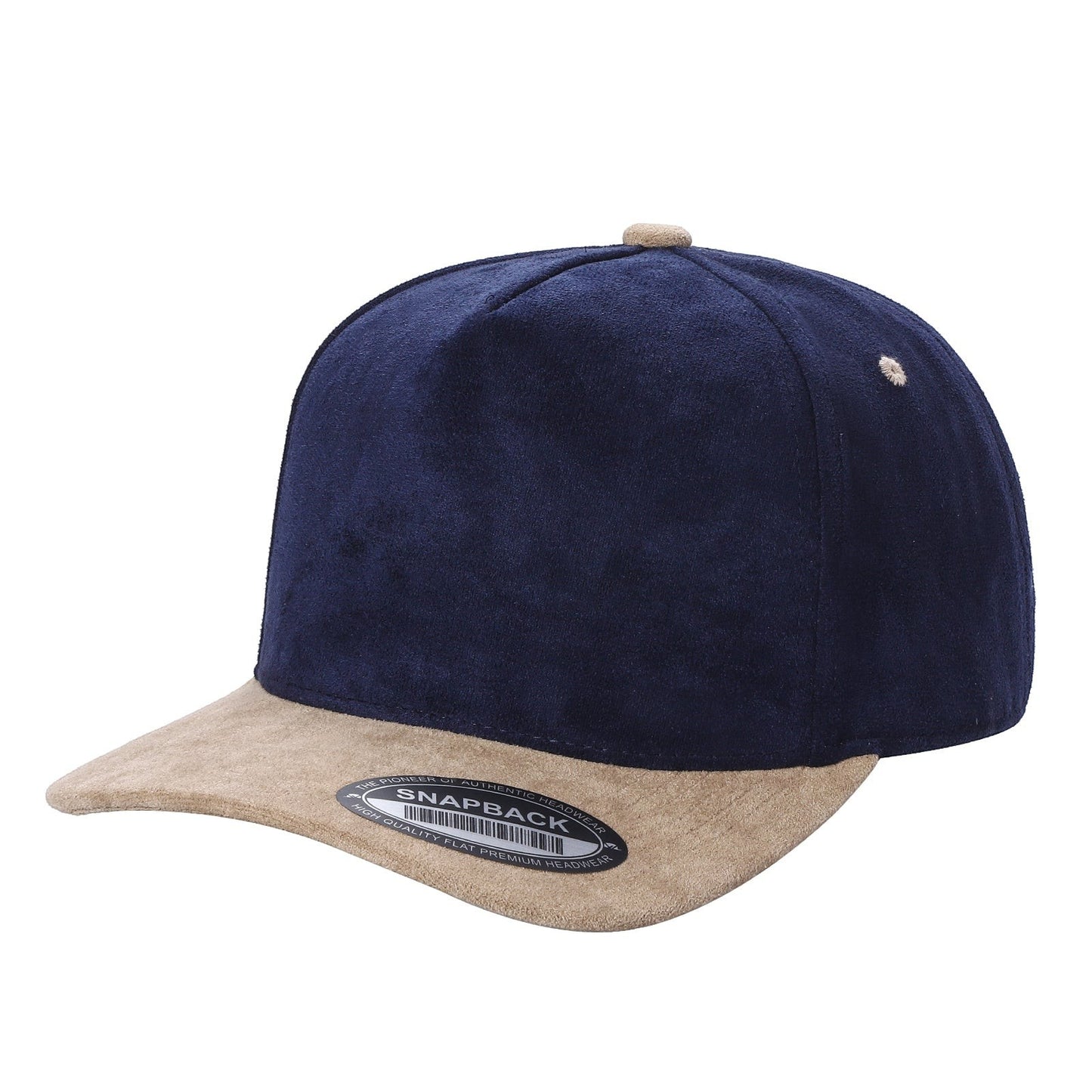 Waycap 5SUEDE navy blue suede snapback hat with tan brim and button detail.