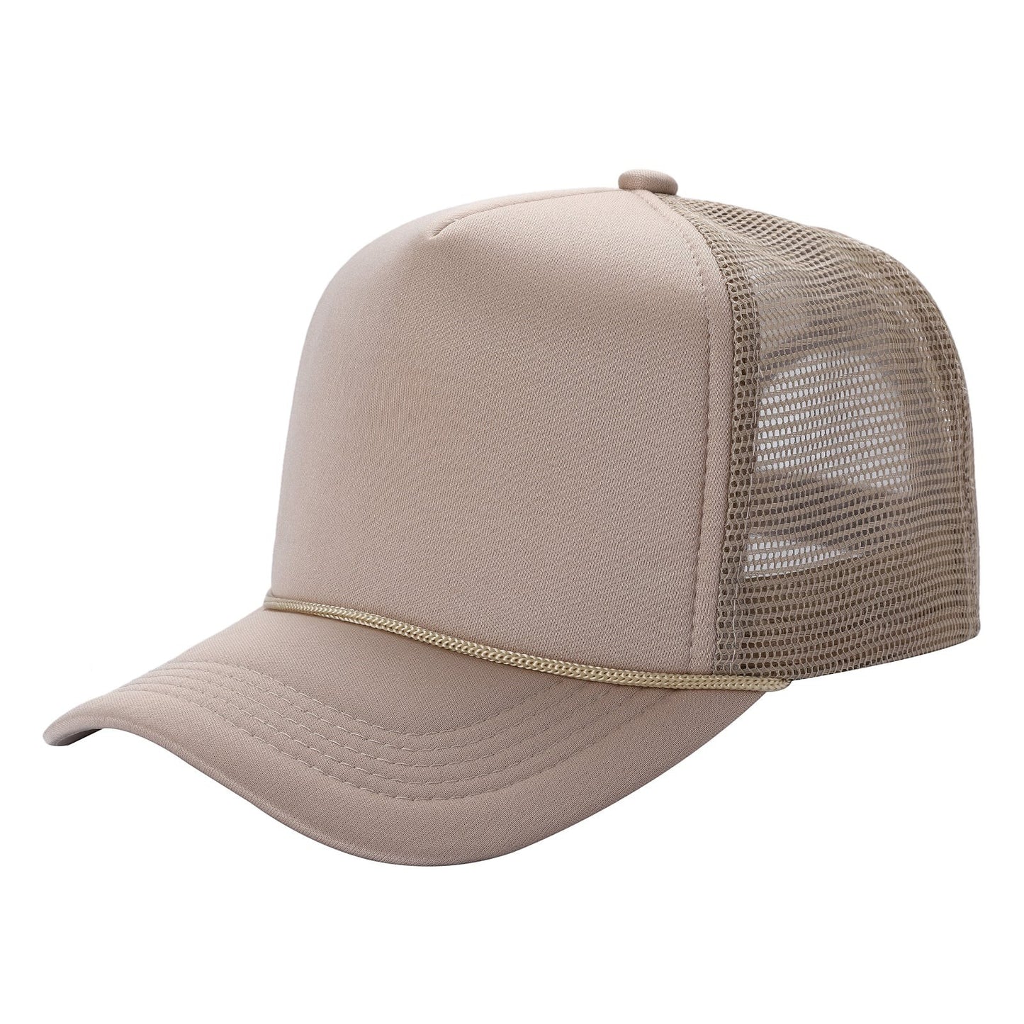 Waycap Sponge trucker hat in tan with foam front panel and mesh back. Features a braided rope detail across the brim and an adjustable snapback closure.