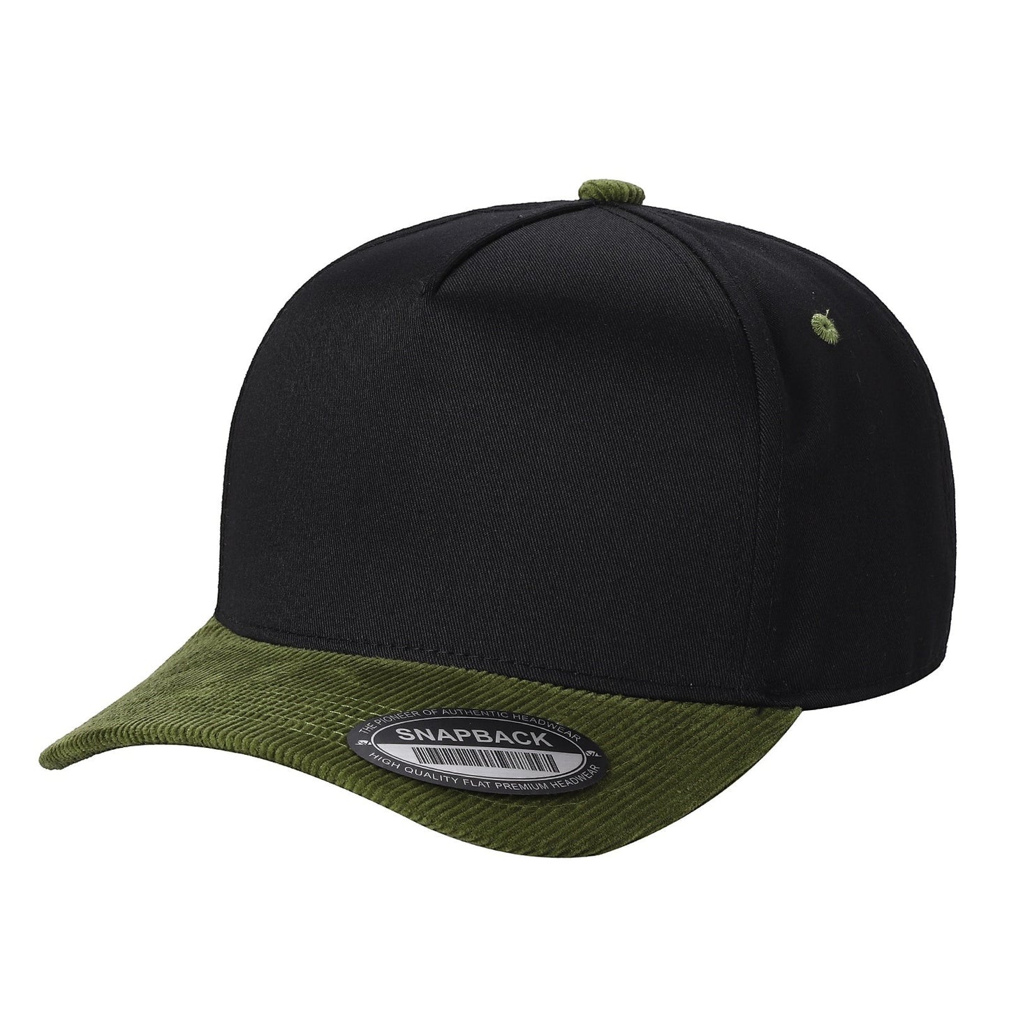 Waycap TCFC Corduroy Bill snapback cap in black with a green corduroy flat brim and button detail.