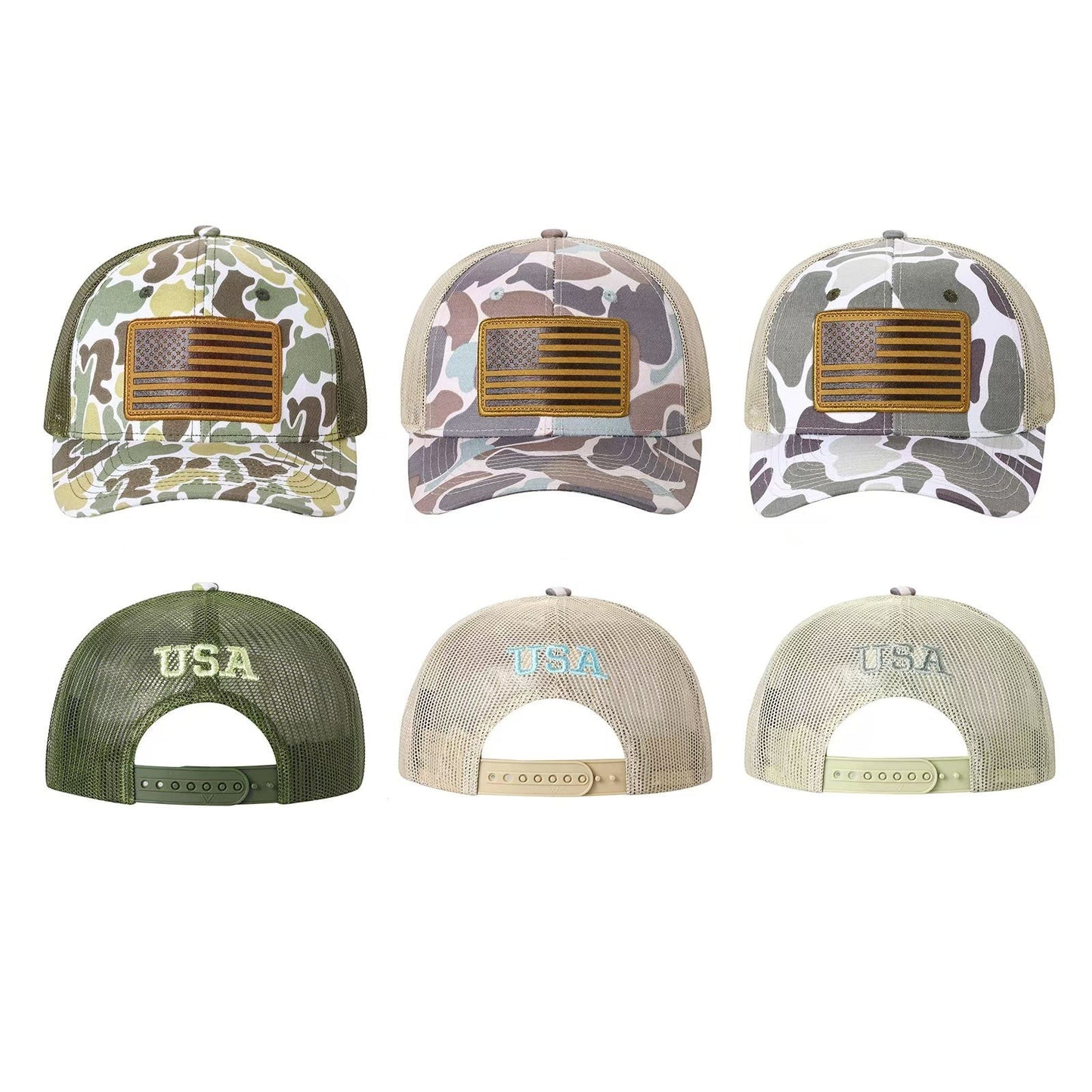 Waycap USA camouflage trucker hat with embroidered American flag patch and mesh back. Adjustable snapback closure.