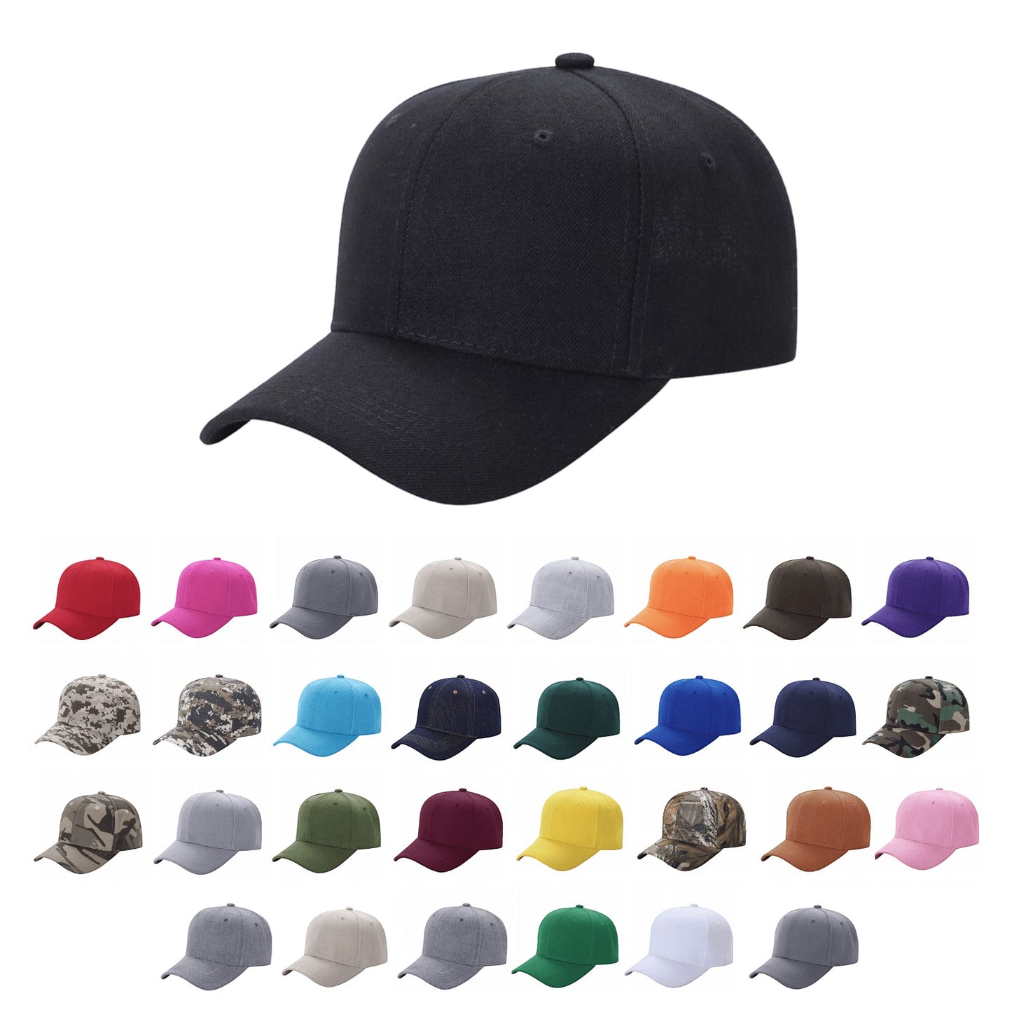 Waycap V1 Velcro Baseball Cap in black polyester with adjustable strap. Multiple colors and camouflage patterns available.