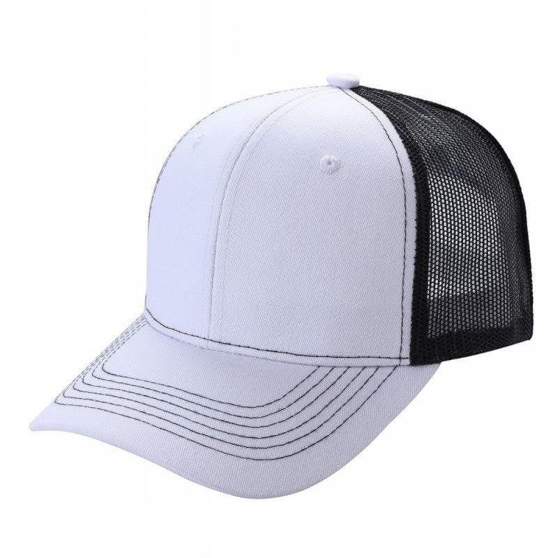 Waycap 6 Panel Curve Trucker Mesh Hat in white with black mesh back and black stitching detail.