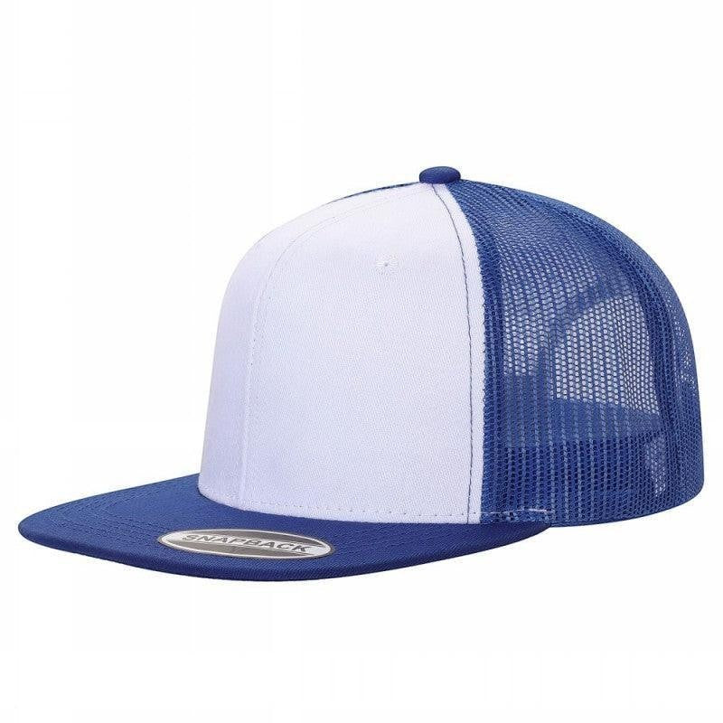 Waycap 6-panel flat bill trucker hat with white front panels and royal blue mesh back and brim.