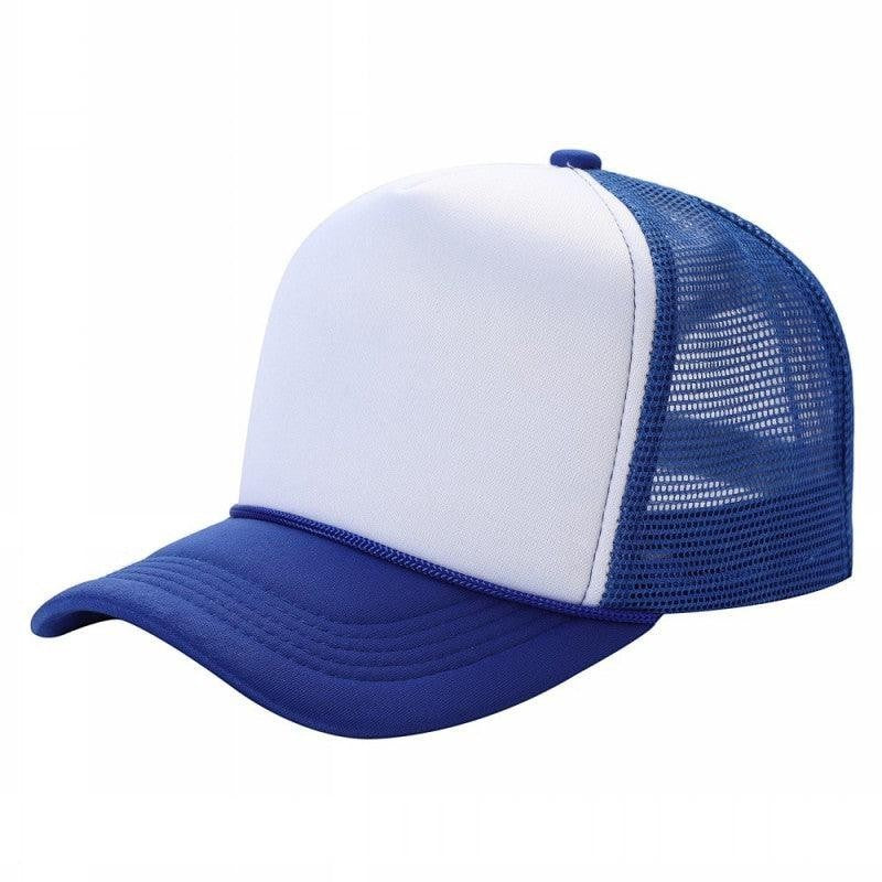 Waycap foam front trucker hat with white panel and blue mesh back and brim. Adjustable snapback closure.