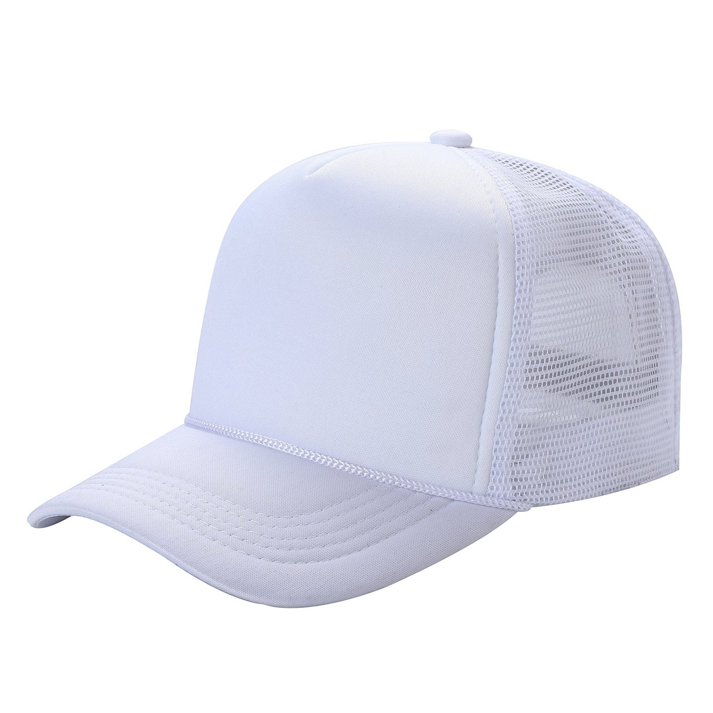 Waycap sponge trucker hat in white with foam front panel and breathable mesh back. Adjustable snapback closure.