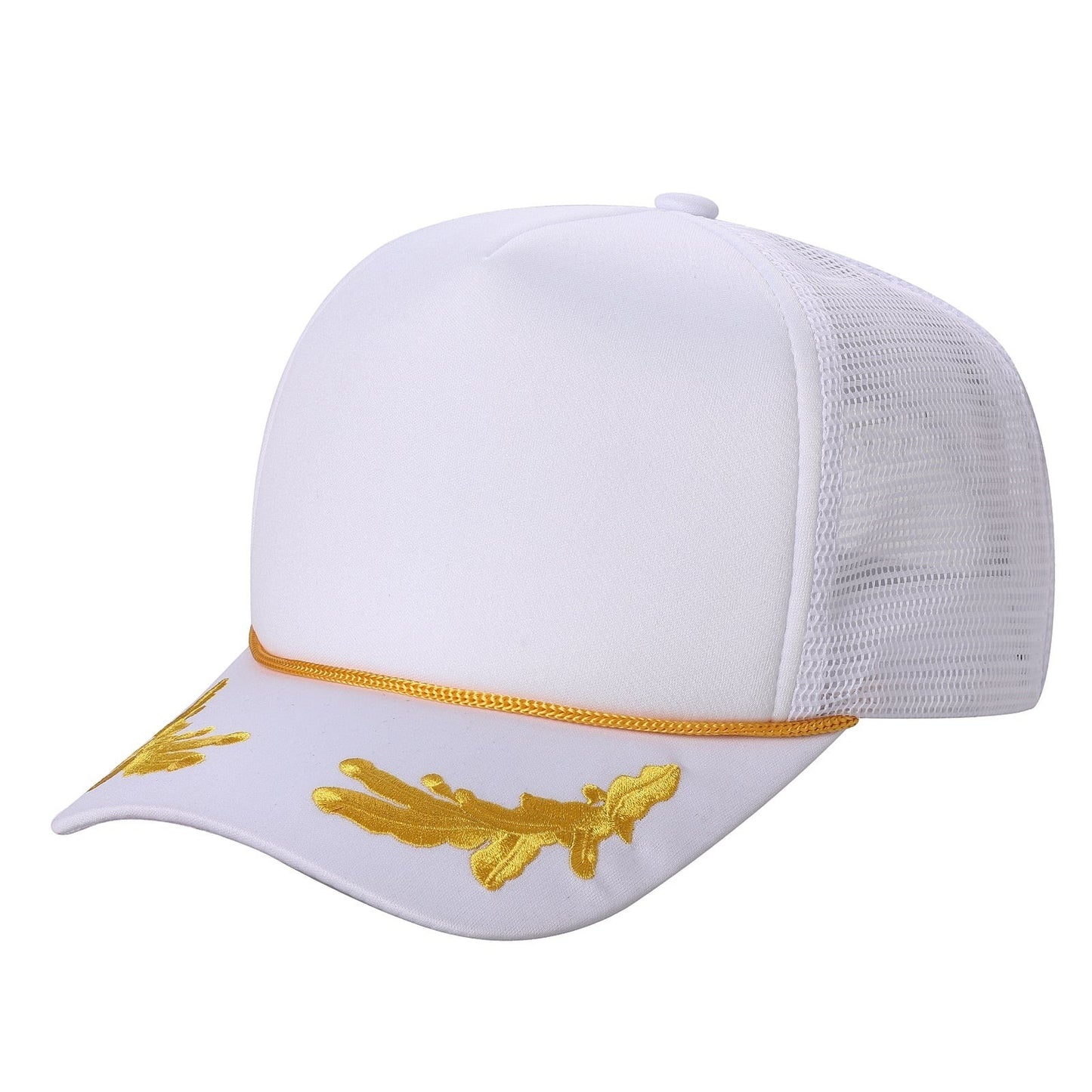 Waycap Sponge trucker hat in white with gold embroidery on the brim and a mesh back. Features a foam front panel and adjustable snapback.