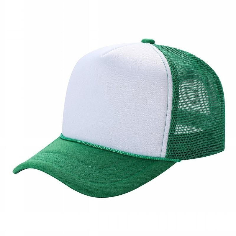 Waycap SM - White foam front trucker hat with green mesh back and brim. Adjustable snapback closure.
