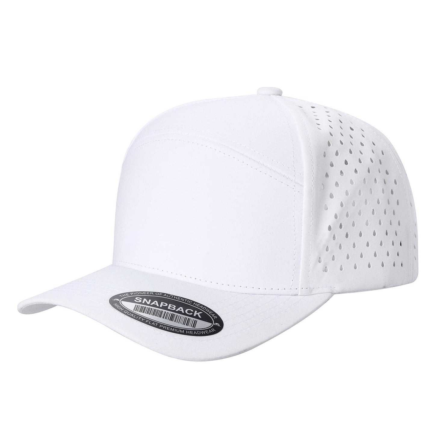 Waycap 6WP white six-panel snapback hat with laser-cut perforations on side and back panels for breathability.