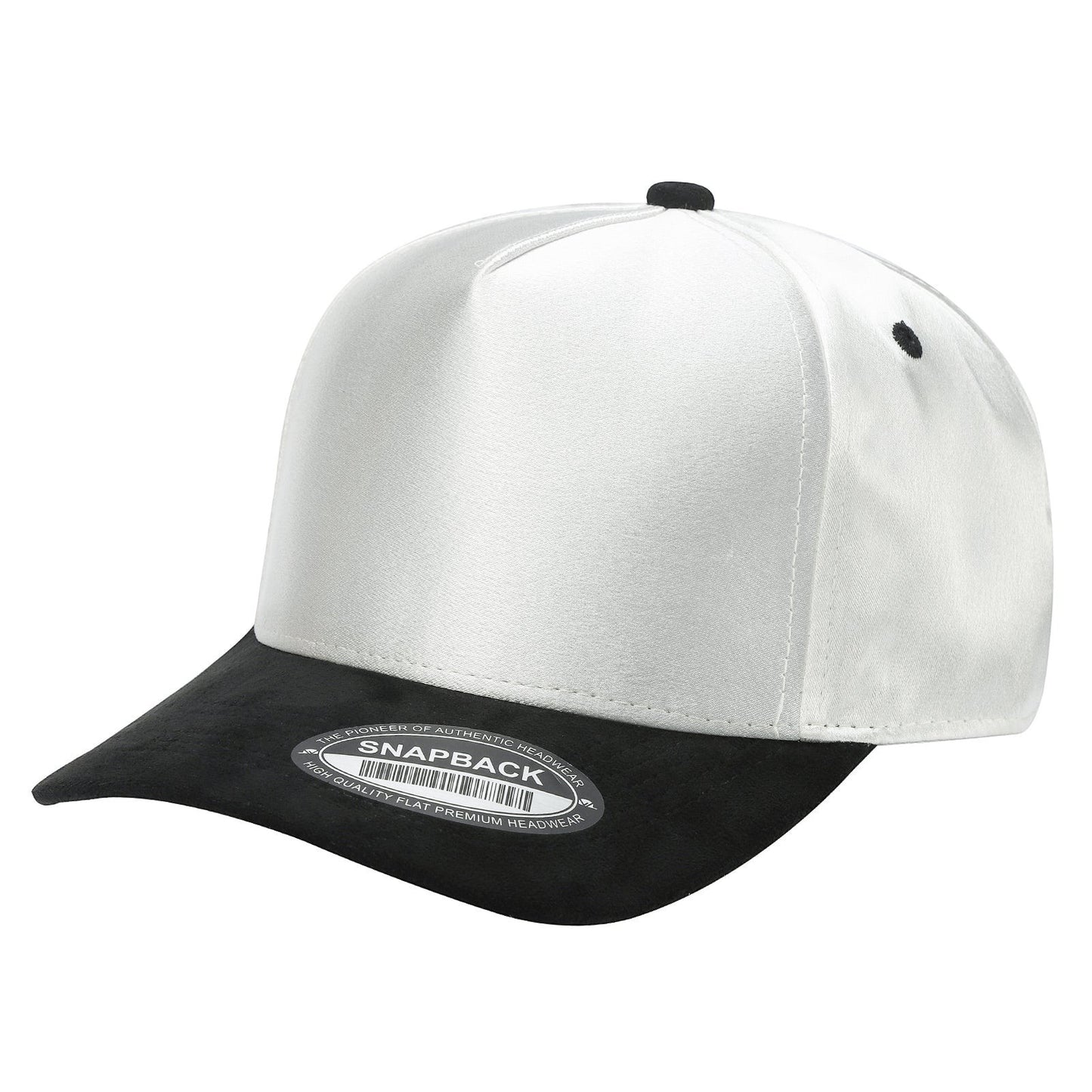 Waycap SNAPBACK cap with white satin crown and black suede bill. Adjustable snapback closure.