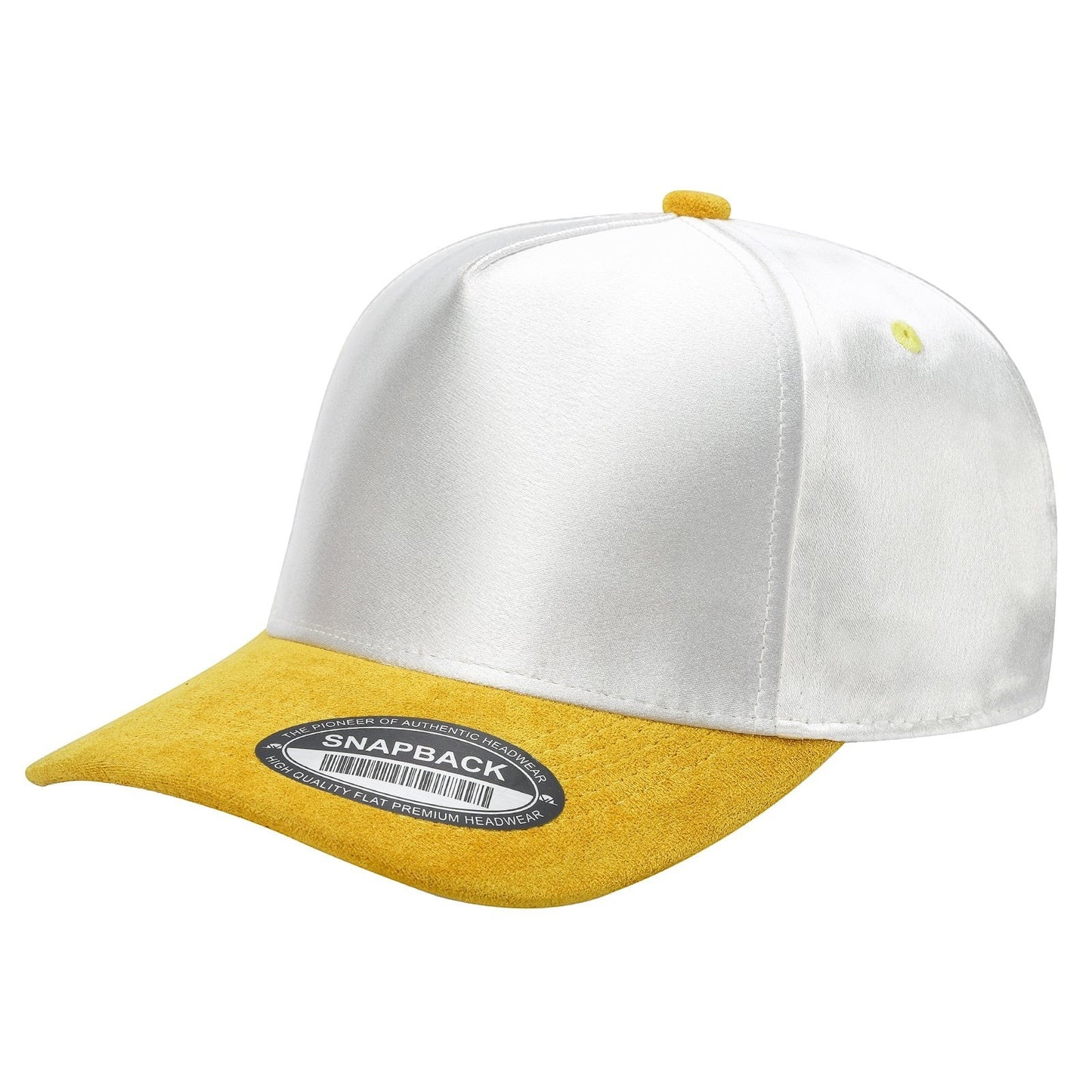 Waycap SNAPBACK cap with white satin crown and yellow suede bill. Adjustable fit, urban style.