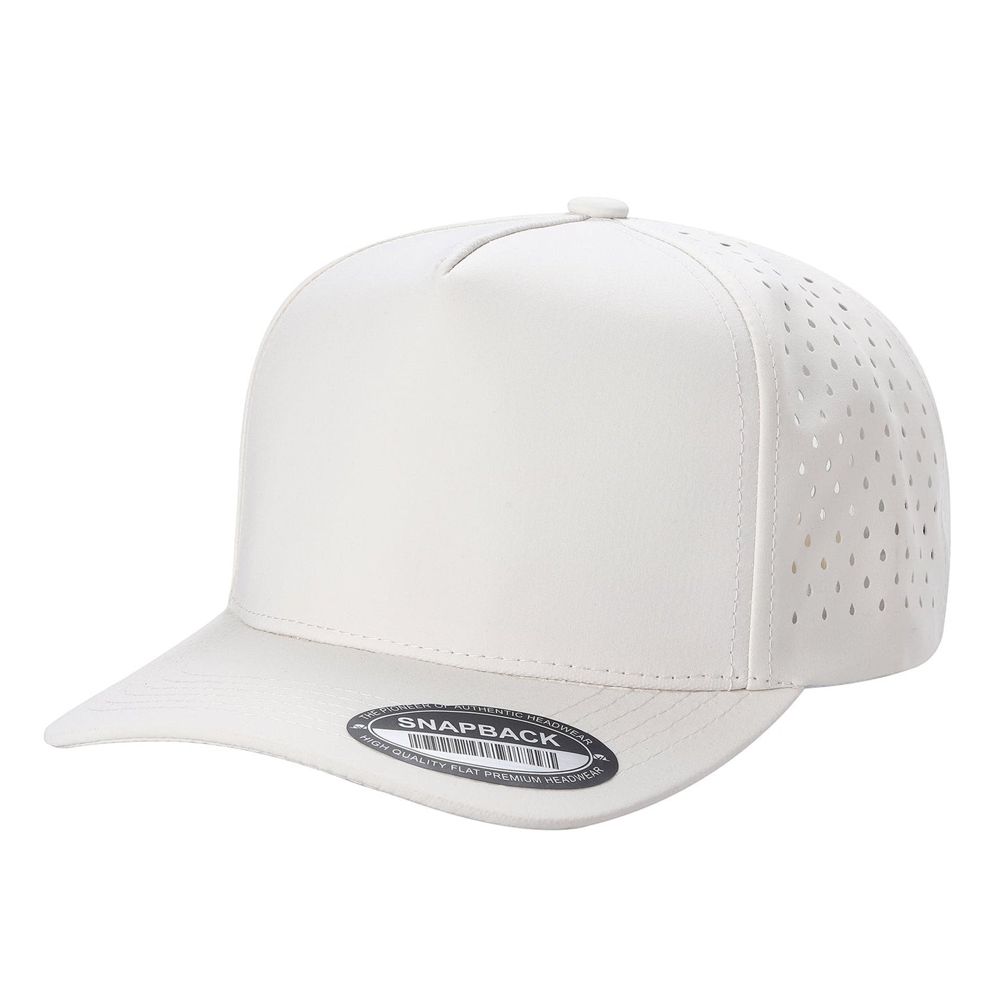 Waycap 5LASER white 5-panel waterproof baseball hat with flat brim and perforated side panels.