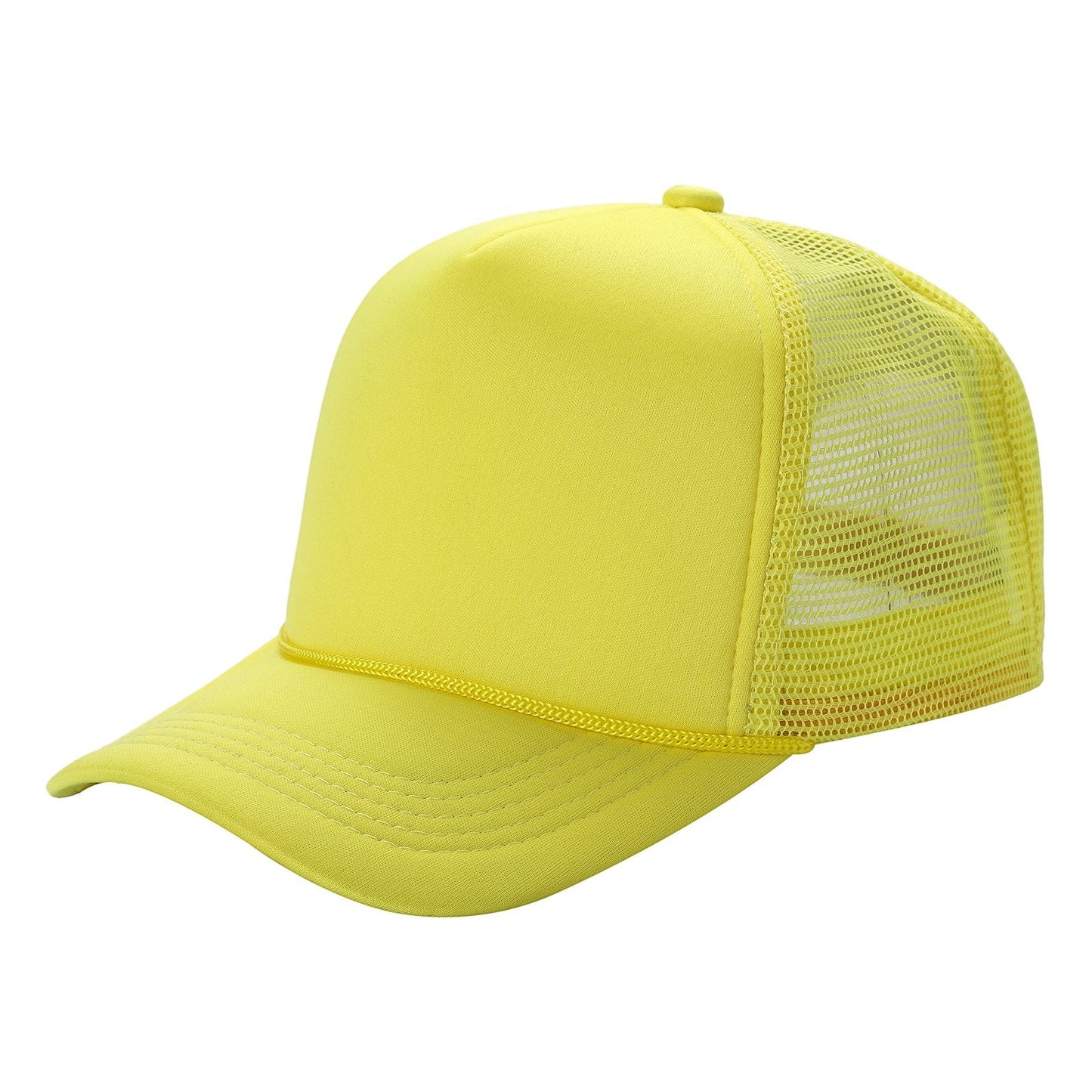 Waycap Sponge trucker hat in bright yellow, featuring a foam front panel and breathable mesh back with adjustable snapback closure.