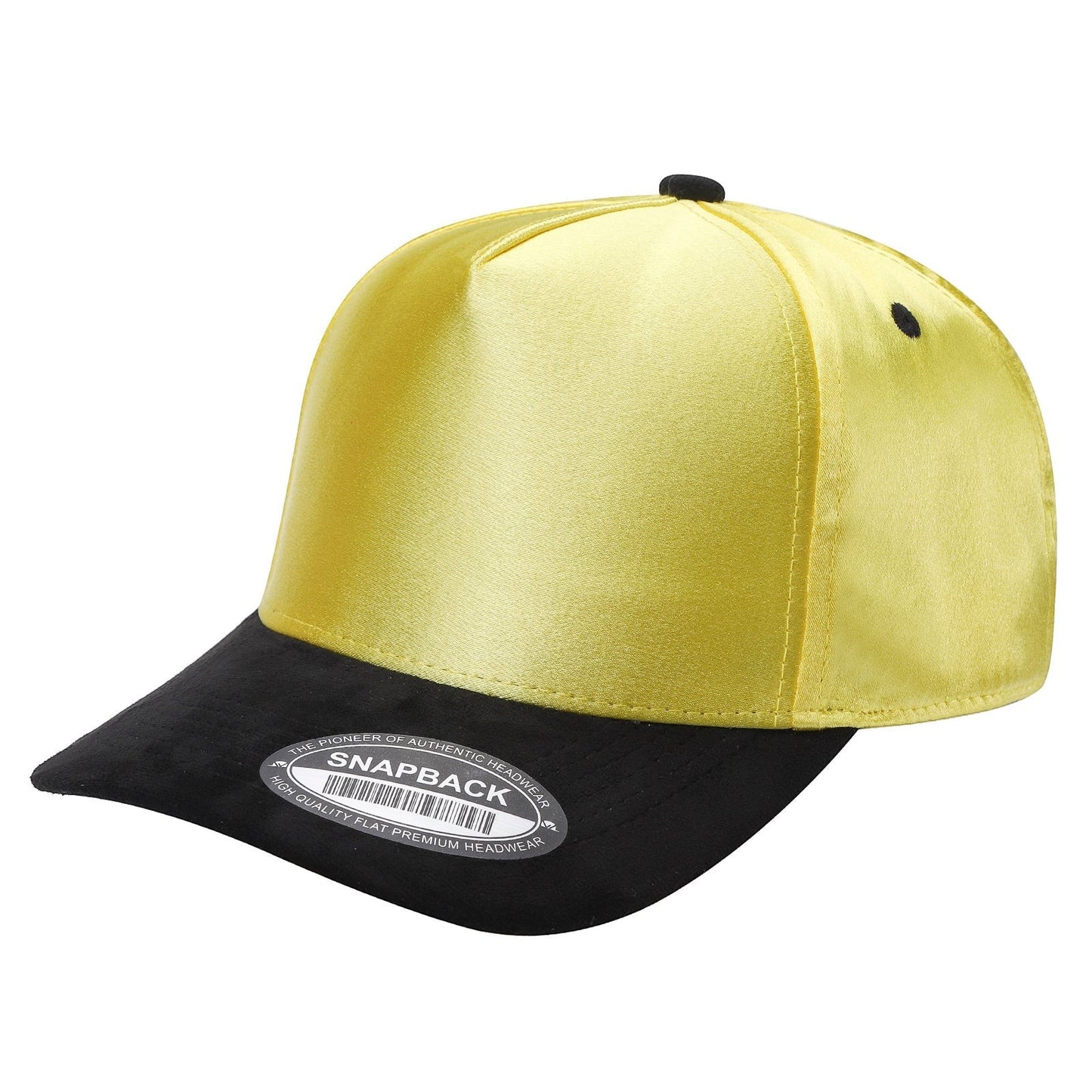 Waycap SNAPBACK yellow satin crown with black suede bill, adjustable strap